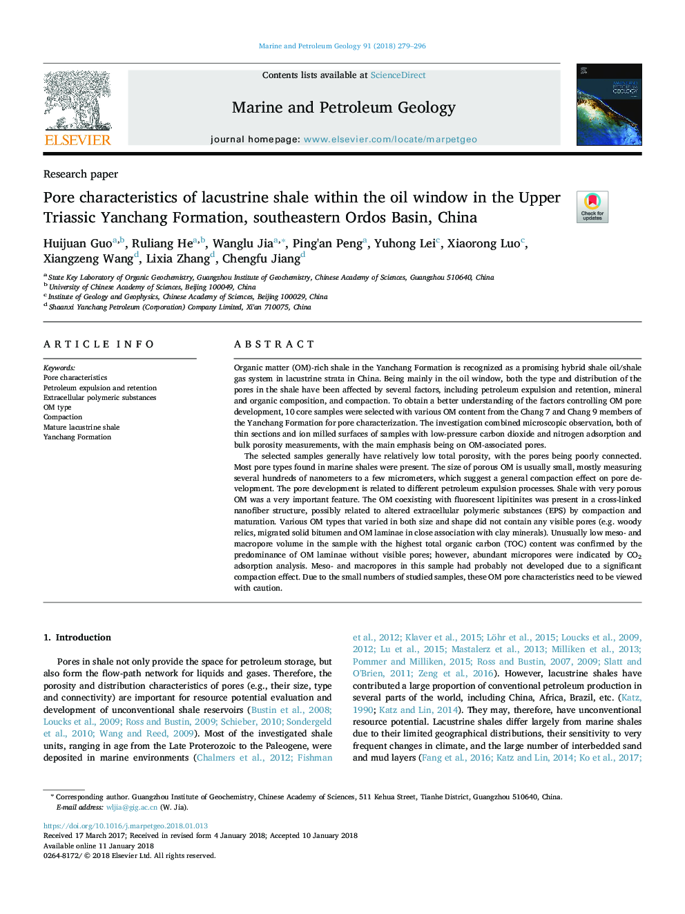 Pore characteristics of lacustrine shale within the oil window in the Upper Triassic Yanchang Formation, southeastern Ordos Basin, China