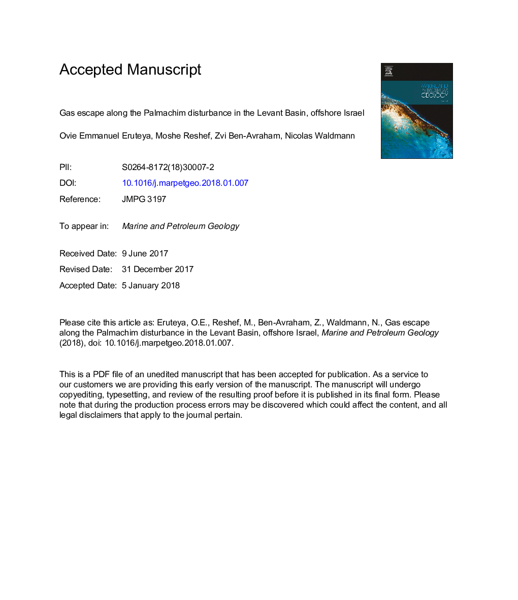 Gas escape along the Palmachim disturbance in the Levant Basin, offshore Israel