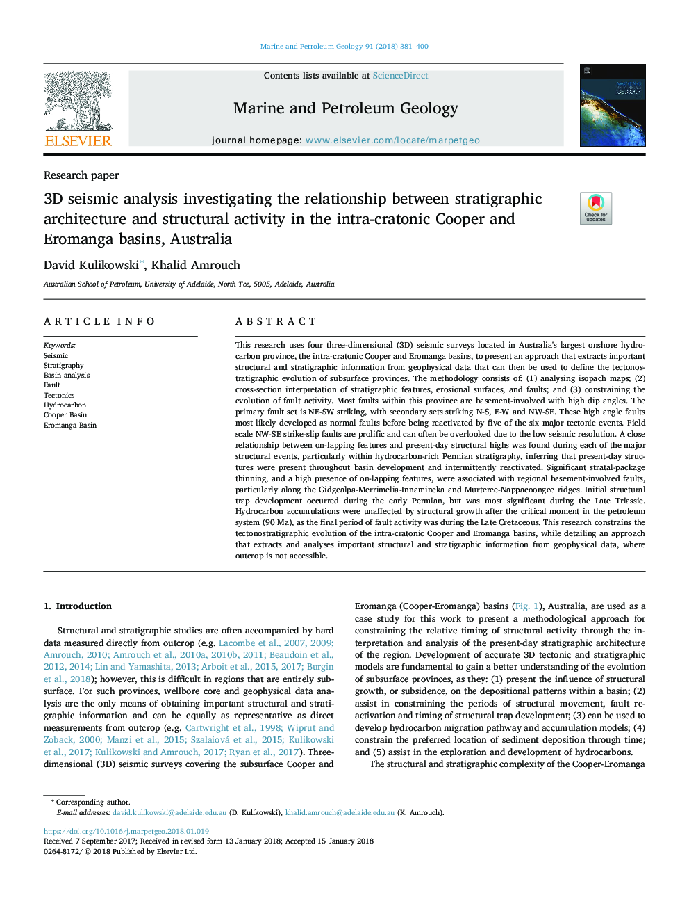 3D seismic analysis investigating the relationship between stratigraphic architecture and structural activity in the intra-cratonic Cooper and Eromanga basins, Australia