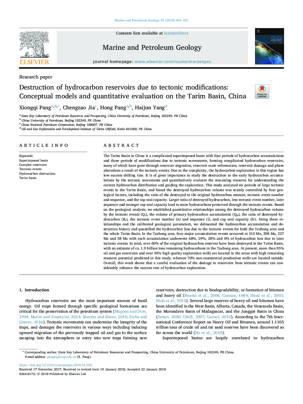 Destruction of hydrocarbon reservoirs due to tectonic modifications: Conceptual models and quantitative evaluation on the Tarim Basin, China