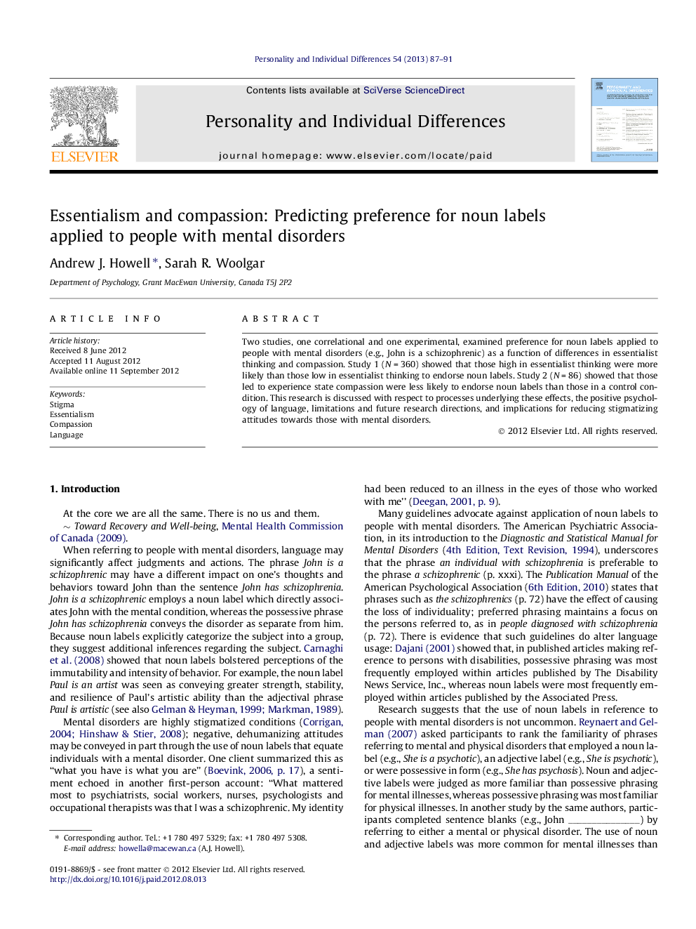 Essentialism and compassion: Predicting preference for noun labels applied to people with mental disorders