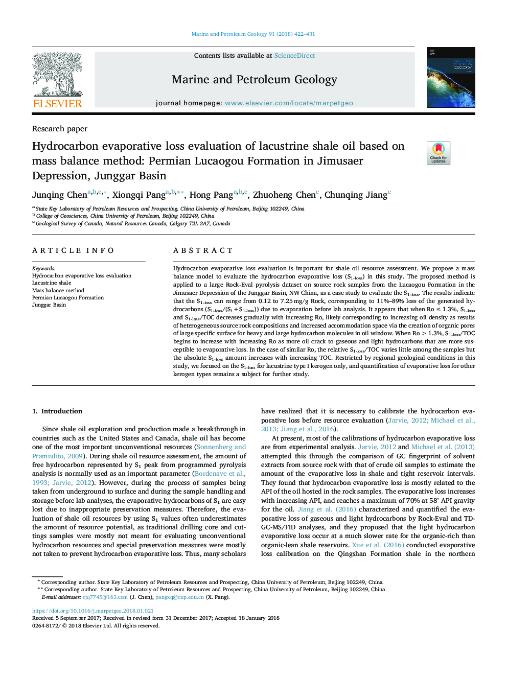 Hydrocarbon evaporative loss evaluation of lacustrine shale oil based on mass balance method: Permian Lucaogou Formation in Jimusaer Depression, Junggar Basin