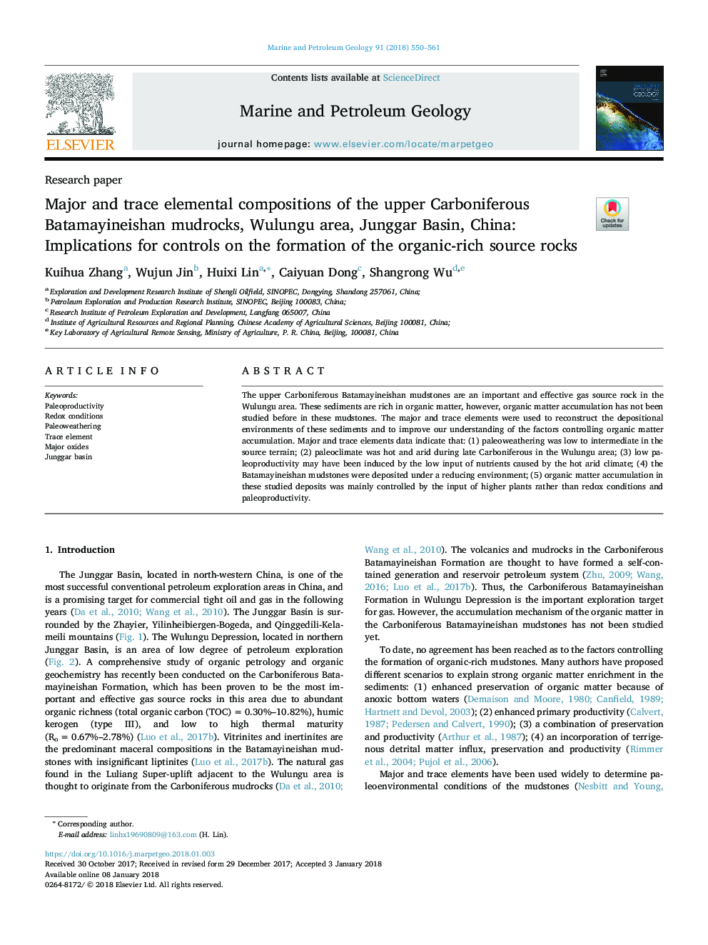 Major and trace elemental compositions of the upper Carboniferous Batamayineishan mudrocks, Wulungu area, Junggar Basin, China: Implications for controls on the formation of the organic-rich source rocks