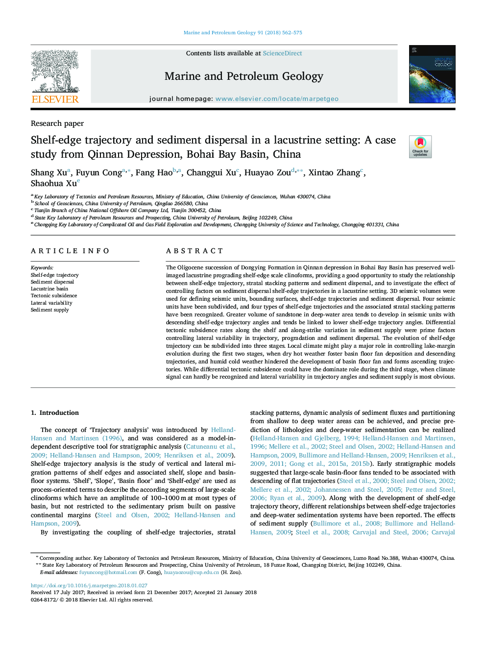 Shelf-edge trajectory and sediment dispersal in a lacustrine setting: A case study from Qinnan Depression, Bohai Bay Basin, China