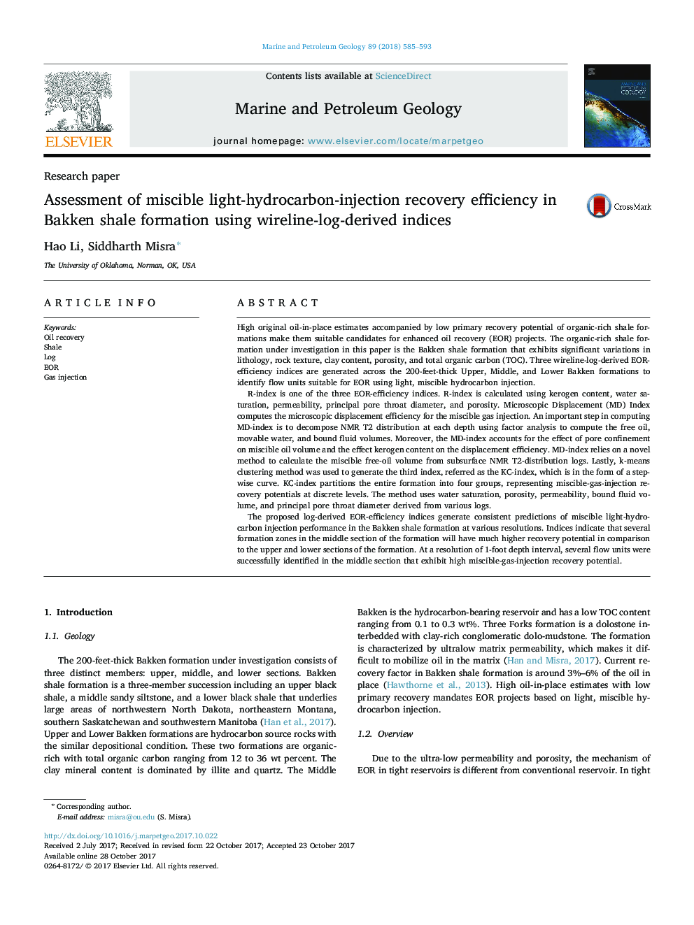 Assessment of miscible light-hydrocarbon-injection recovery efficiency in Bakken shale formation using wireline-log-derived indices