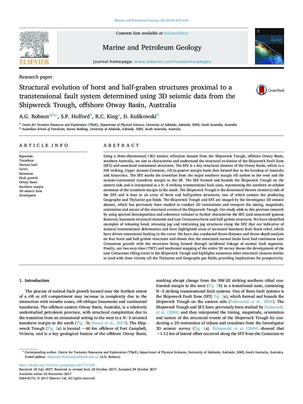 Structural evolution of horst and half-graben structures proximal to a transtensional fault system determined using 3D seismic data from the Shipwreck Trough, offshore Otway Basin, Australia