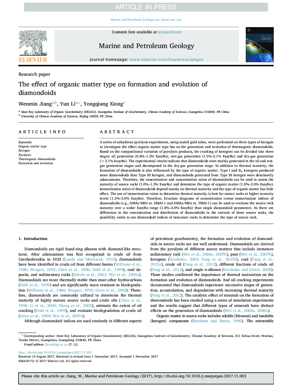 The effect of organic matter type on formation and evolution of diamondoids