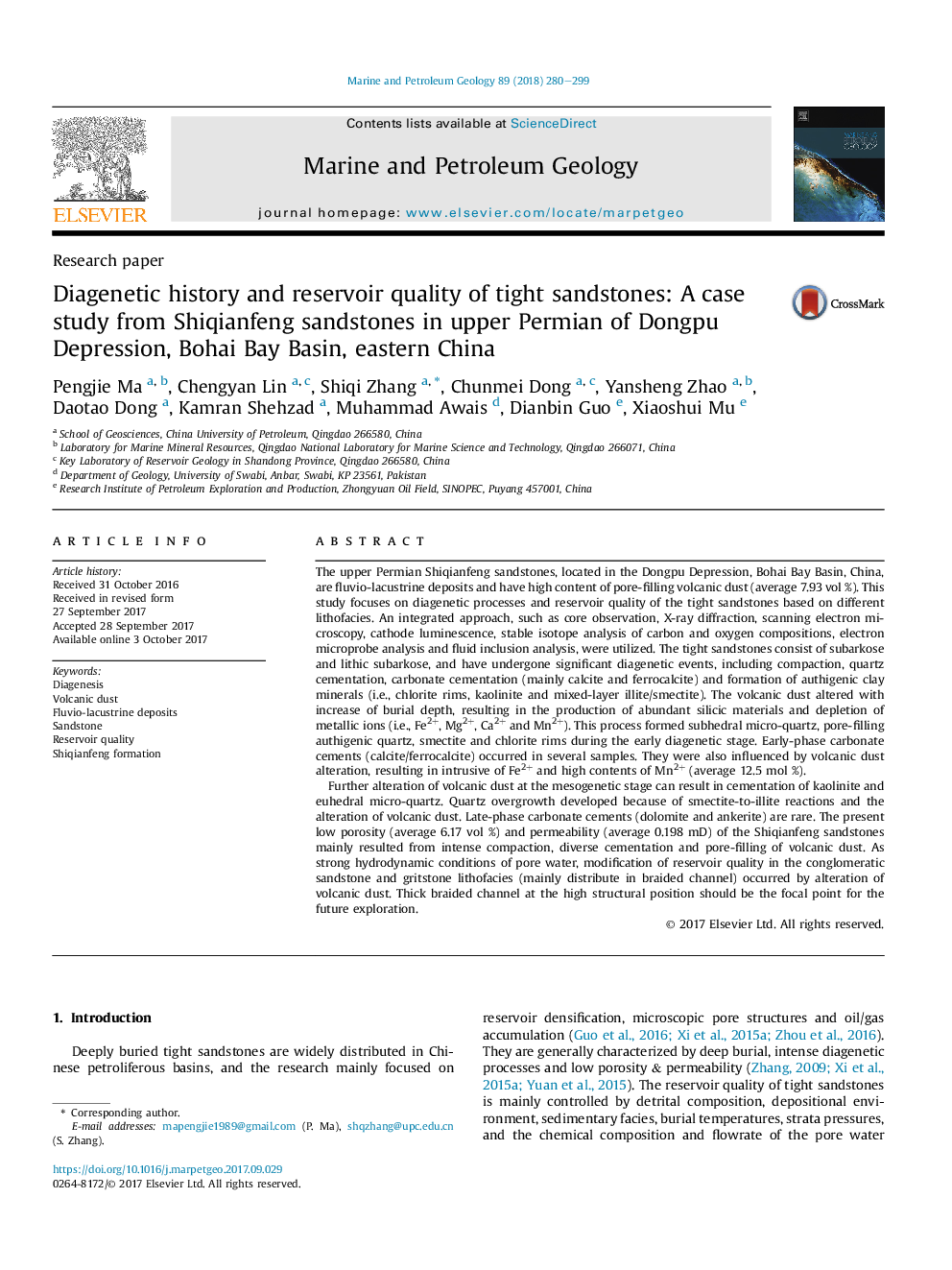 Diagenetic history and reservoir quality of tight sandstones: A case study from Shiqianfeng sandstones in upper Permian of Dongpu Depression, Bohai Bay Basin, eastern China