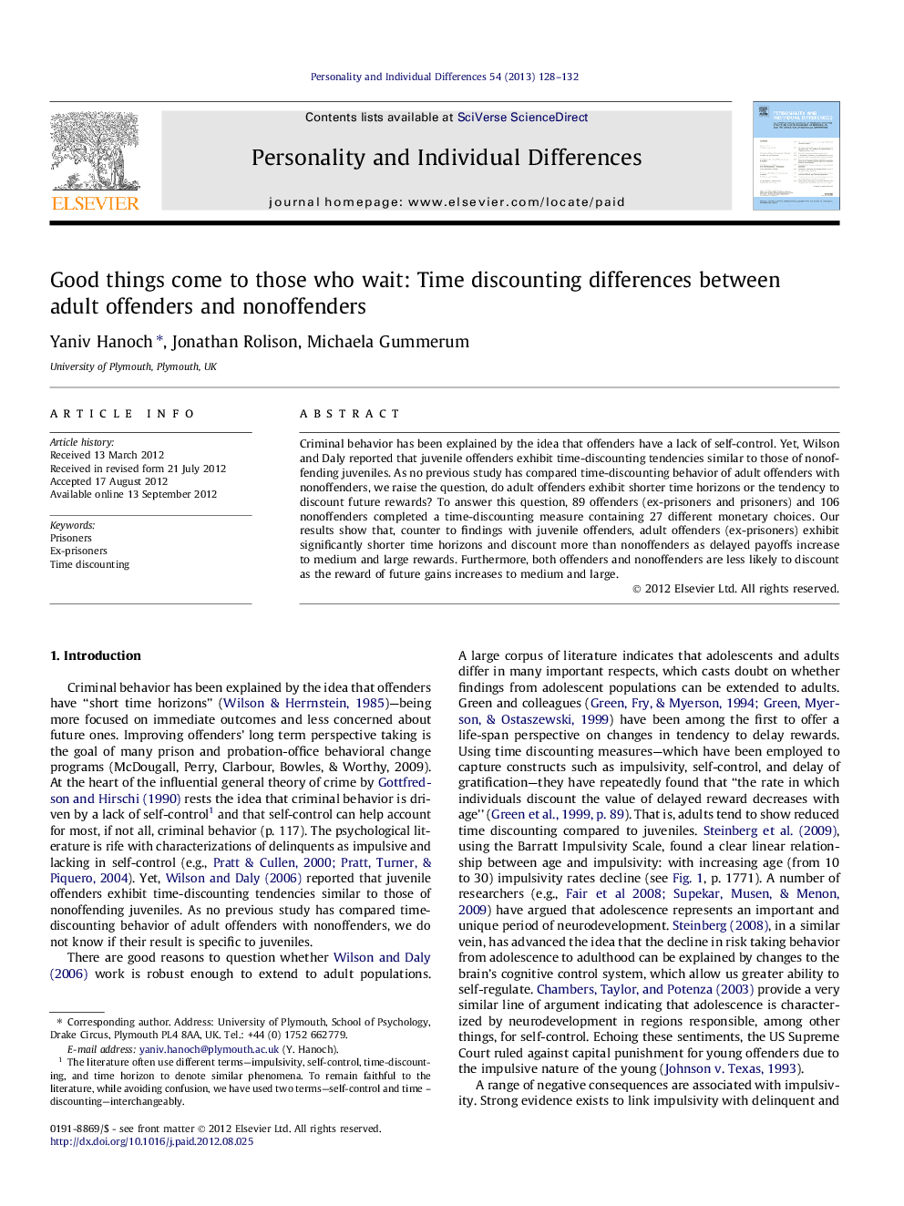 Good things come to those who wait: Time discounting differences between adult offenders and nonoffenders