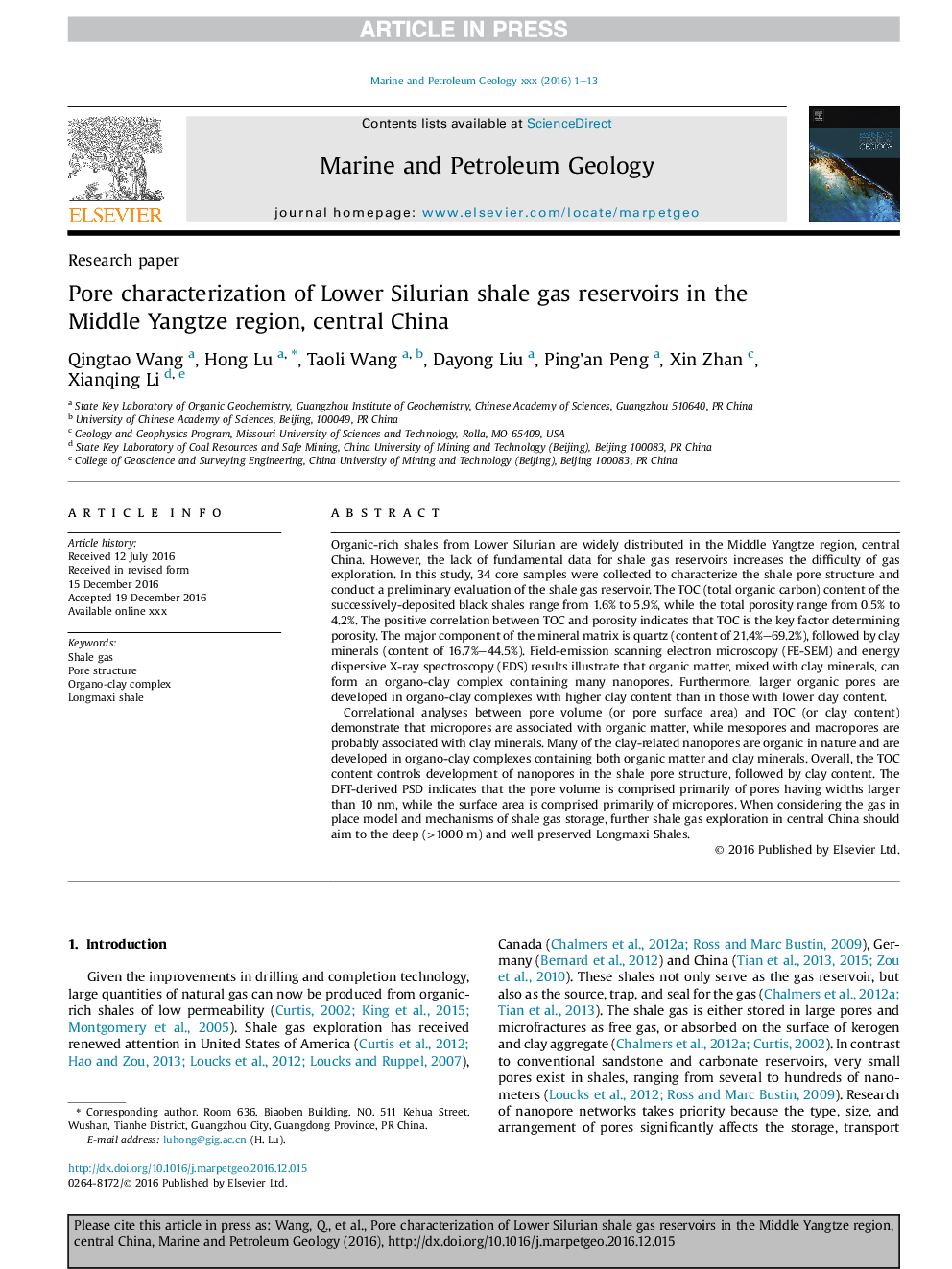 Pore characterization of Lower Silurian shale gas reservoirs in the Middle Yangtze region, central China