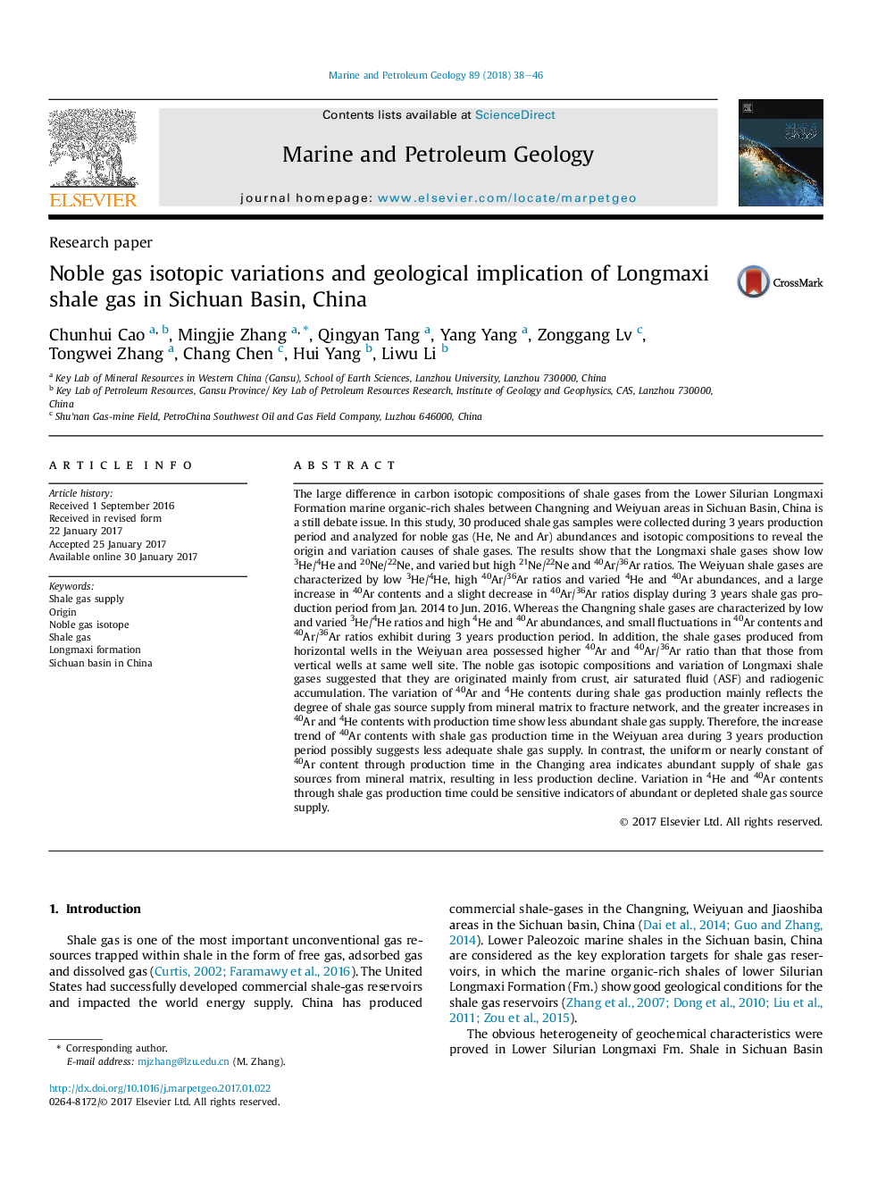 عکس صفحه اول مقاله: Noble gas isotopic variations and geological implication of Longmaxi shale gas in Sichuan Basin, China Noble gas isotopic variations and geological implication of Longmaxi shale gas in Sichuan Basin, China