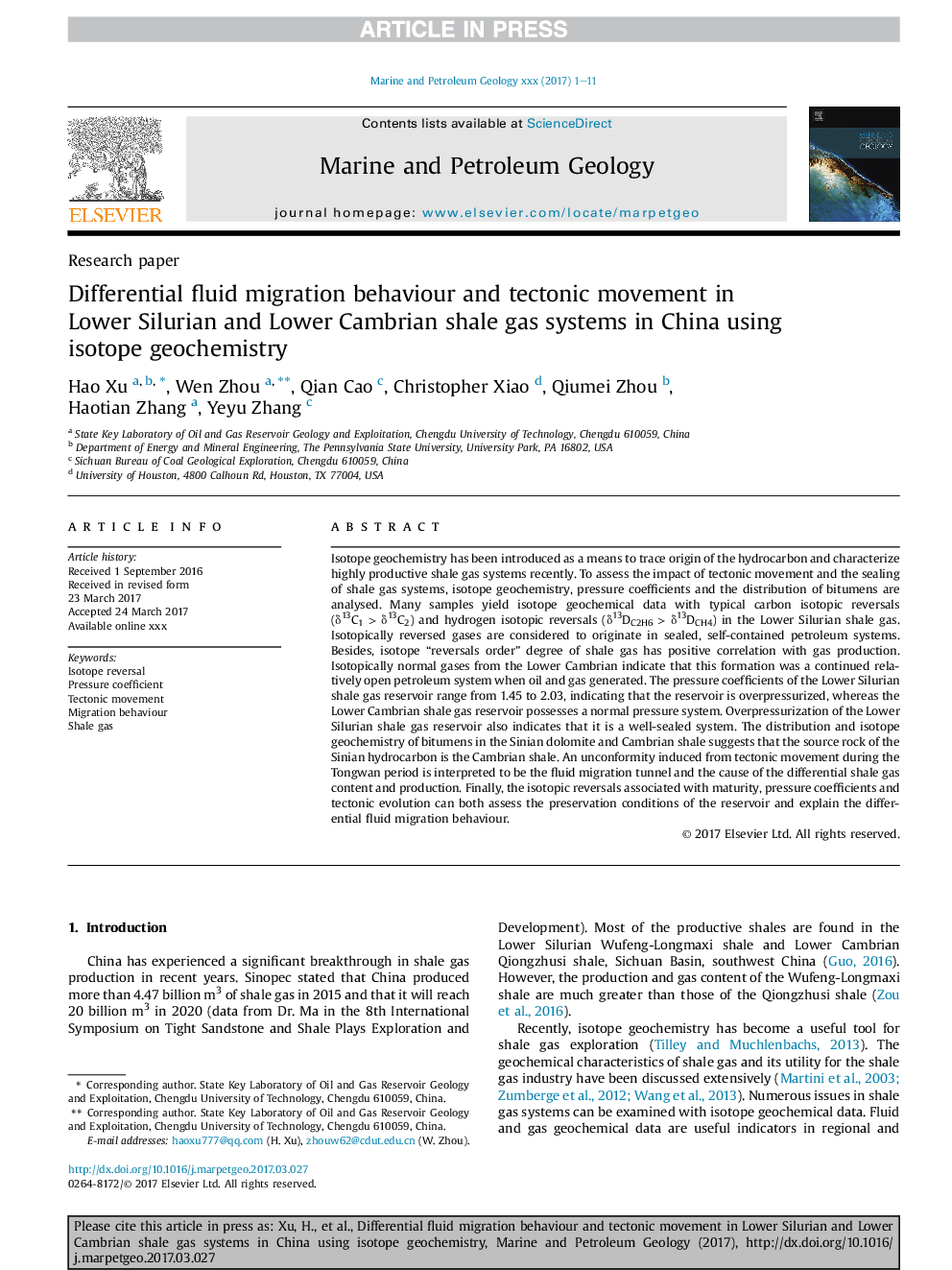 Differential fluid migration behaviour and tectonic movement in Lower Silurian and Lower Cambrian shale gas systems in China using isotope geochemistry