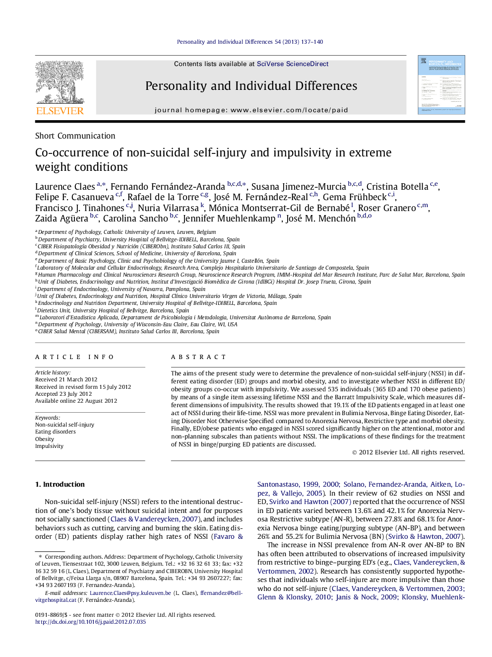 Co-occurrence of non-suicidal self-injury and impulsivity in extreme weight conditions