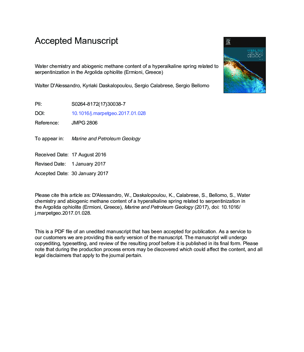 Water chemistry and abiogenic methane content of a hyperalkaline spring related to serpentinization in the Argolida ophiolite (Ermioni, Greece)