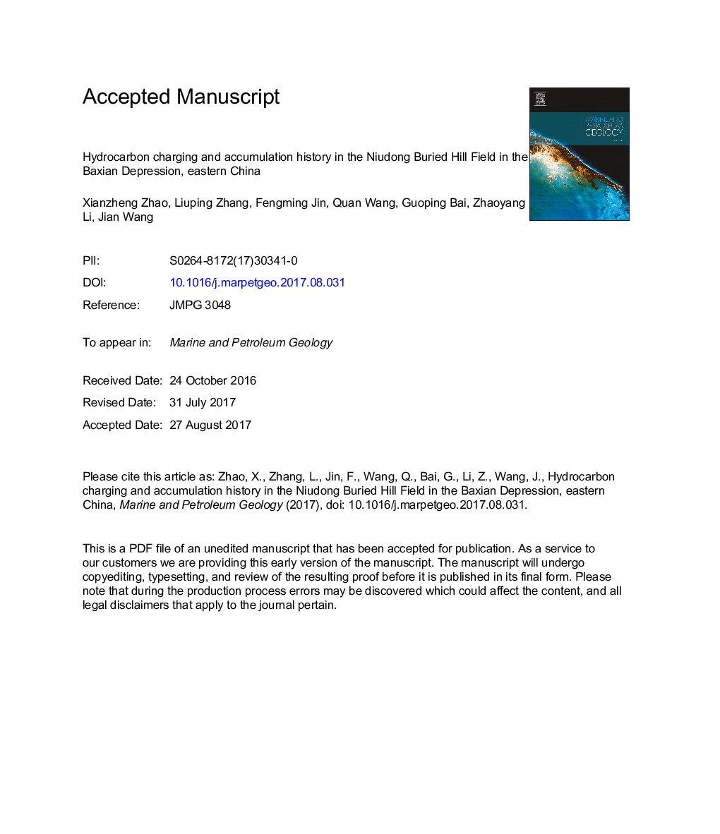 عکس صفحه اول مقاله: Hydrocarbon charging and accumulation history in the Niudong Buried Hill Field in the Baxian Depression, eastern China Hydrocarbon charging and accumulation history in the Niudong Buried Hill Field in the Baxian Depression, eastern China