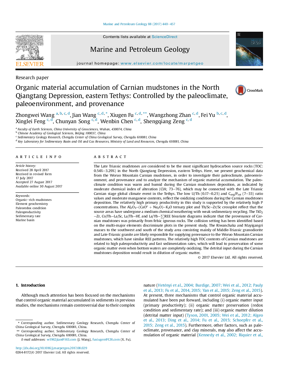 Organic material accumulation of Carnian mudstones in the North Qiangtang Depression, eastern Tethys: Controlled by the paleoclimate, paleoenvironment, and provenance