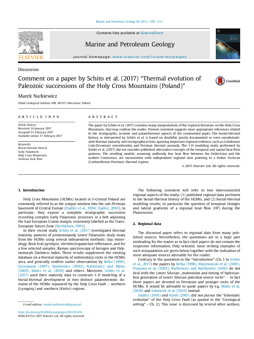 Comment on a paper by Schito etÂ al. (2017) “Thermal evolution of Paleozoic successions of the Holy Cross Mountains (Poland)”