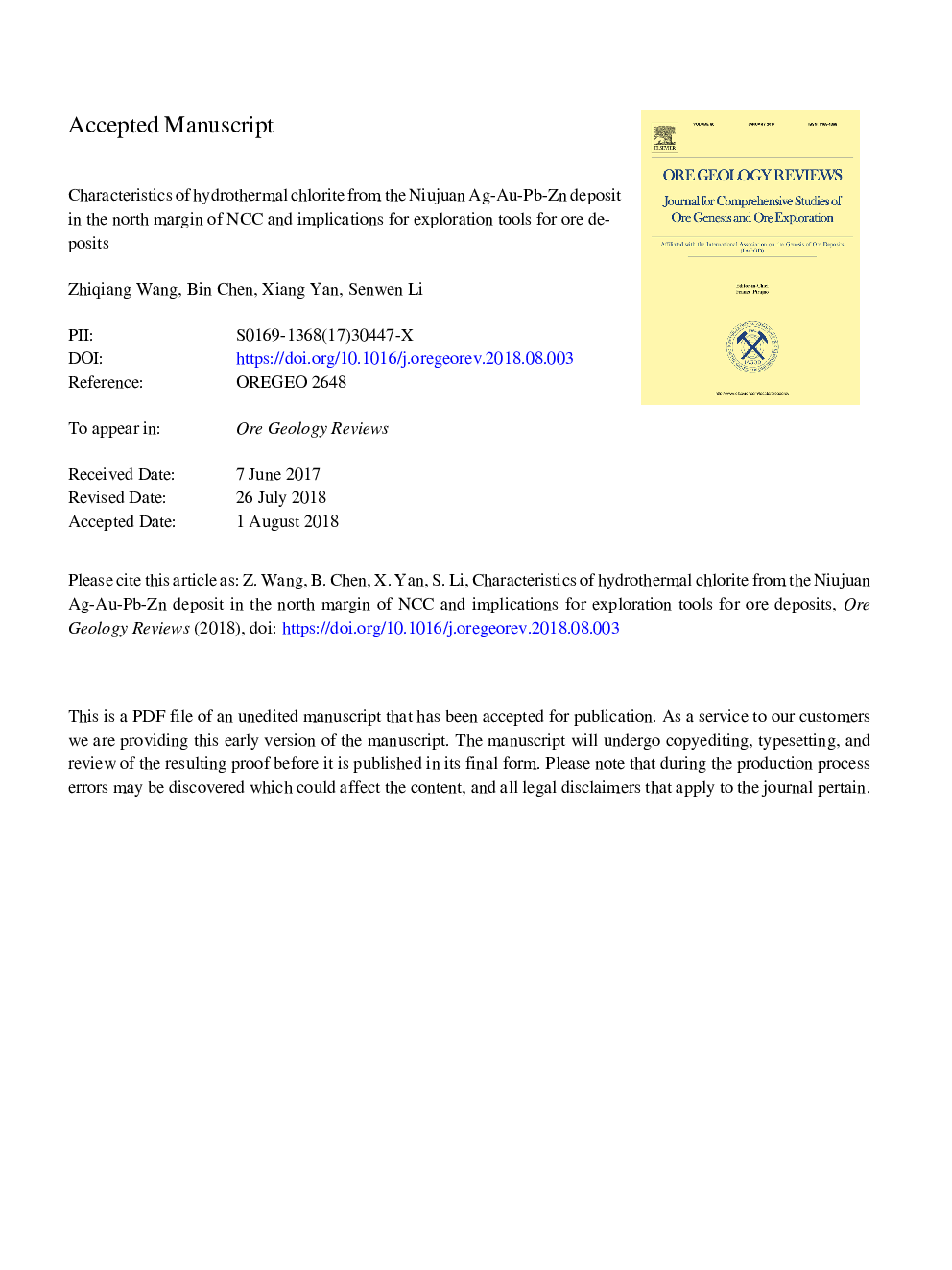 Characteristics of hydrothermal chlorite from the Niujuan Ag-Au-Pb-Zn deposit in the north margin of NCC and implications for exploration tools for ore deposits