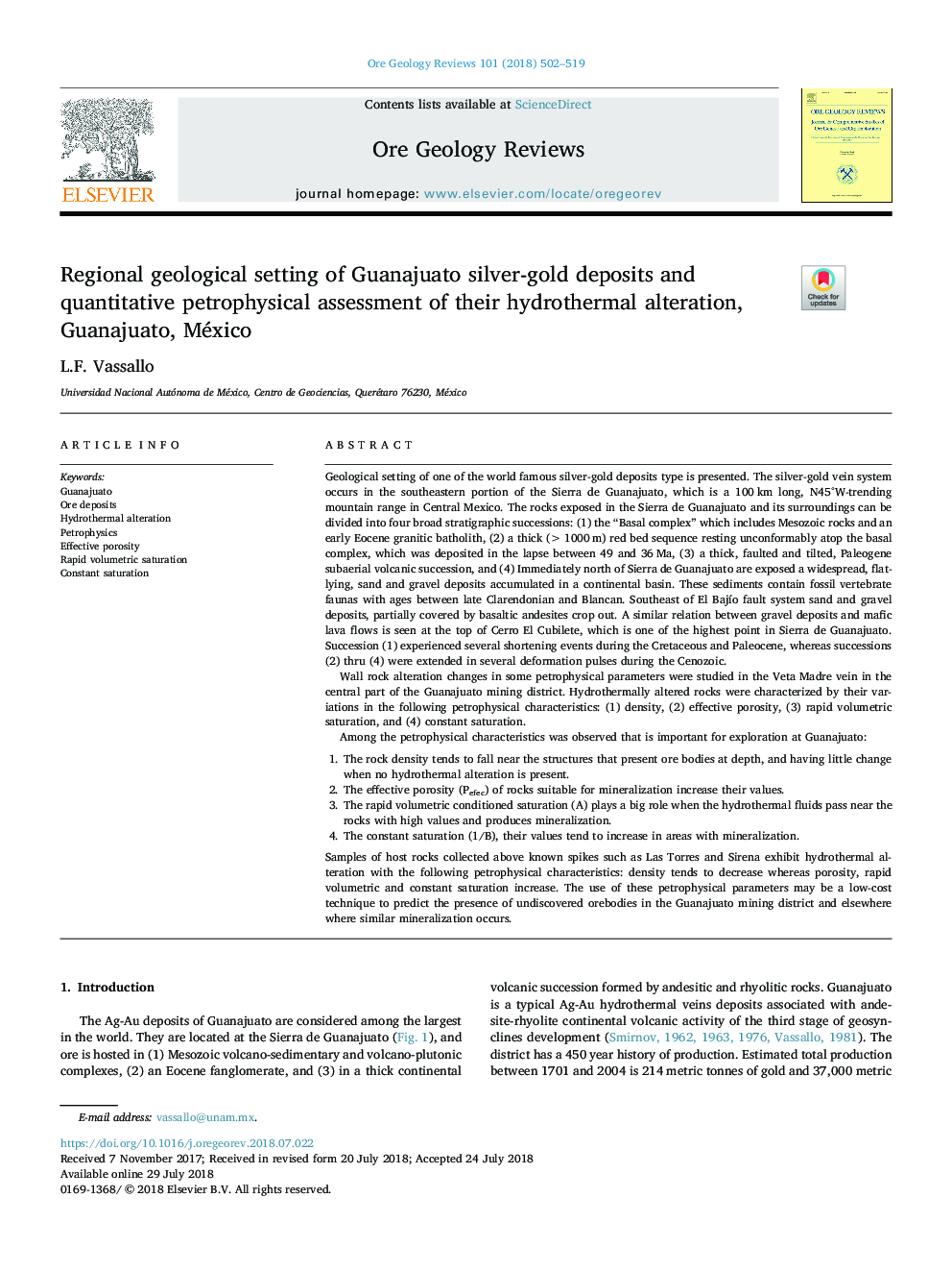 Regional geological setting of Guanajuato silver-gold deposits and quantitative petrophysical assessment of their hydrothermal alteration, Guanajuato, México