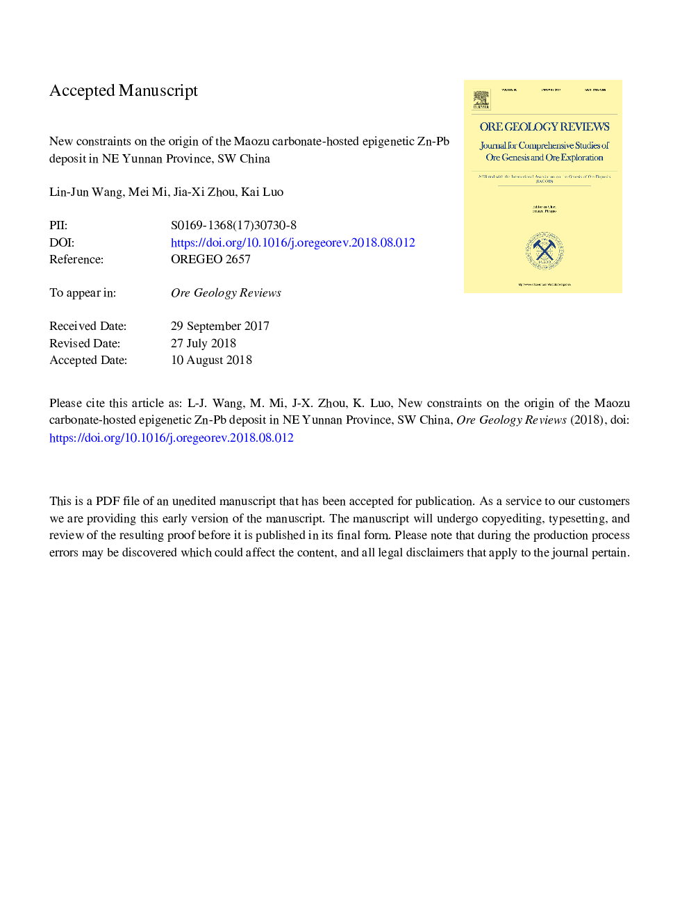 New constraints on the origin of the Maozu carbonate-hosted epigenetic Zn-Pb deposit in NE Yunnan Province, SW China