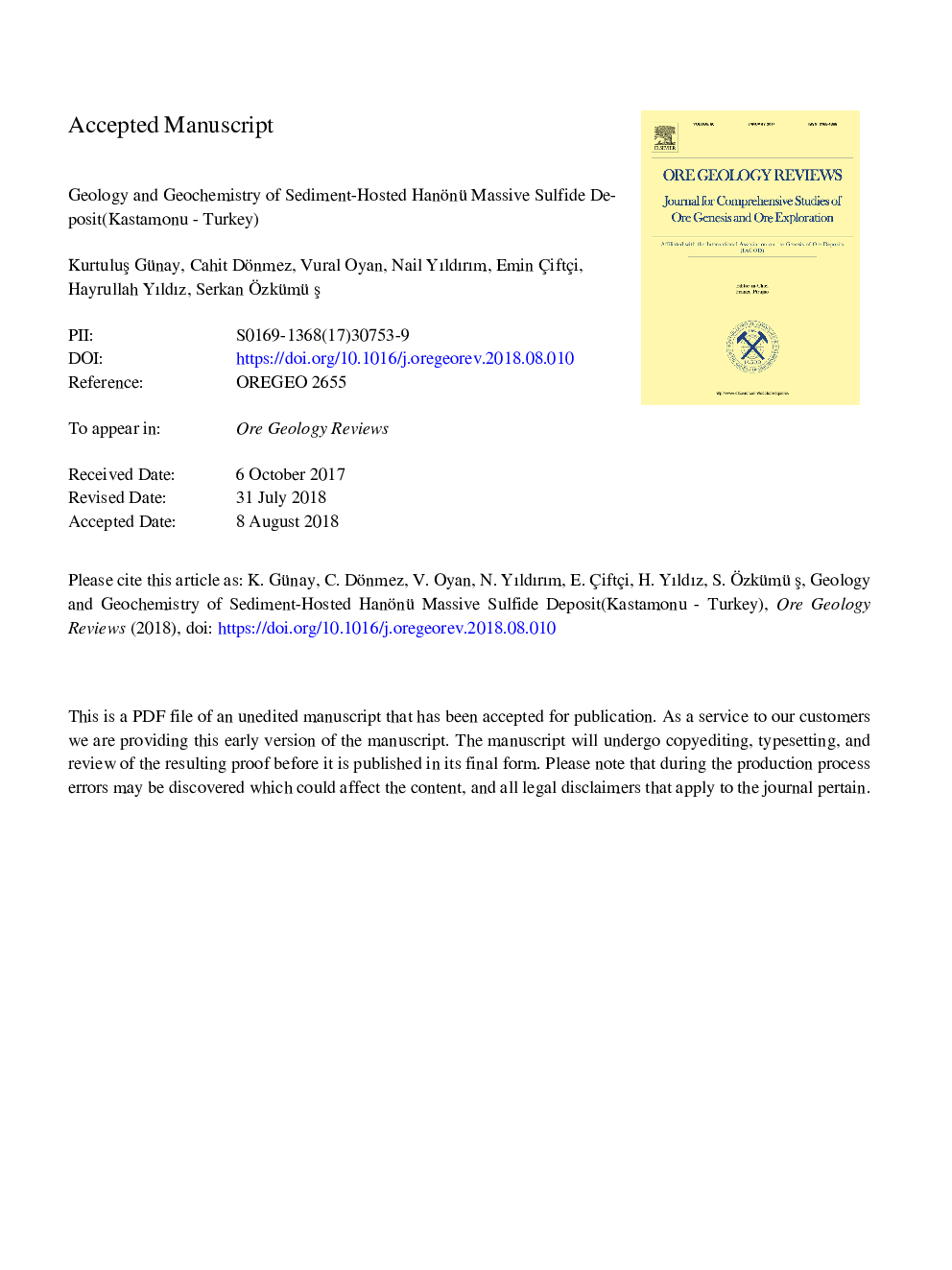 Geology and geochemistry of sediment-hosted Hanönü massive sulfide deposit (Kastamonu - Turkey)