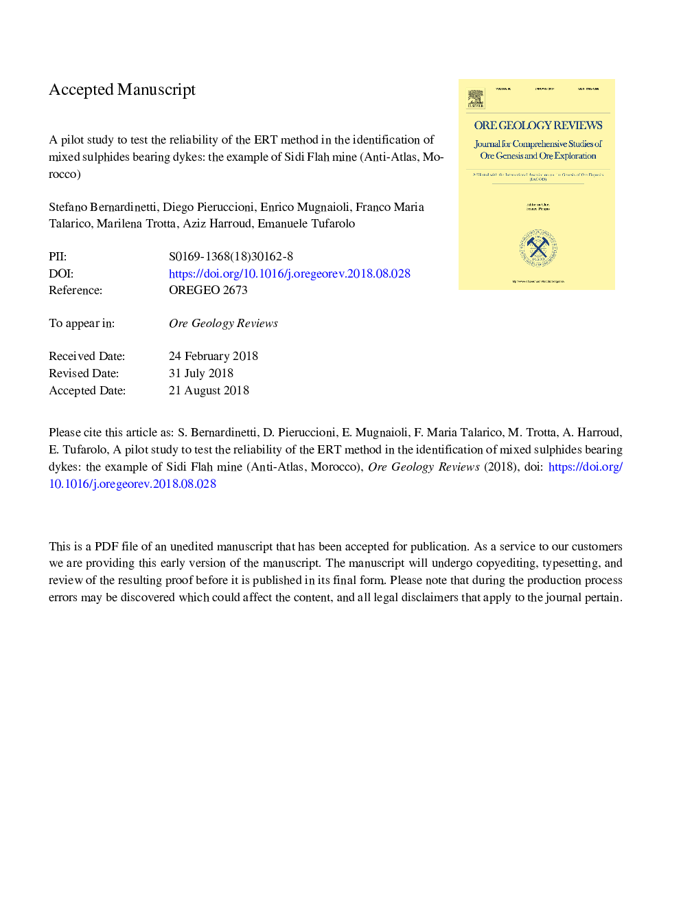 A pilot study to test the reliability of the ERT method in the identification of mixed sulphides bearing dykes: The example of Sidi Flah mine (Anti-Atlas, Morocco)