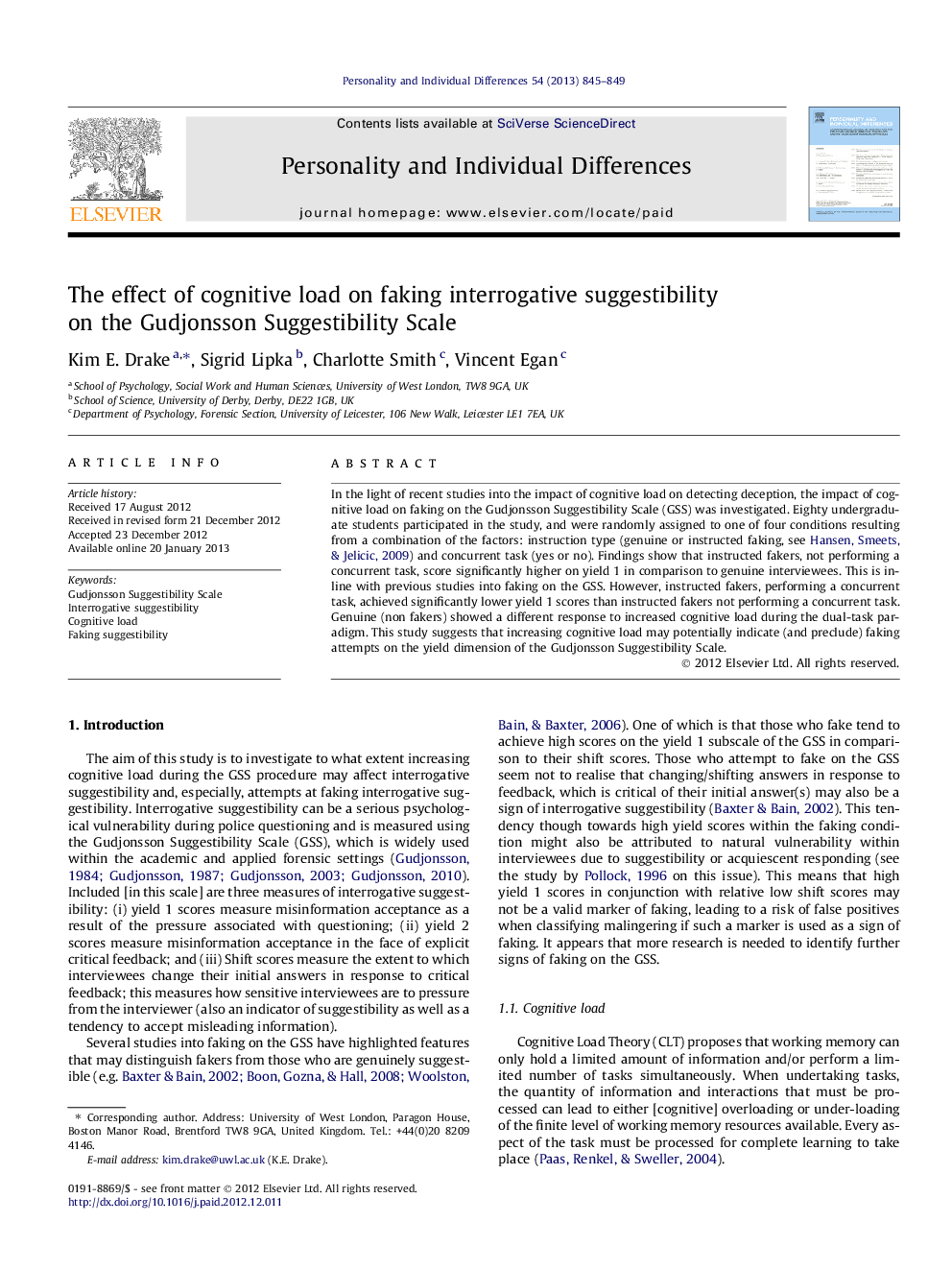 The effect of cognitive load on faking interrogative suggestibility on the Gudjonsson Suggestibility Scale