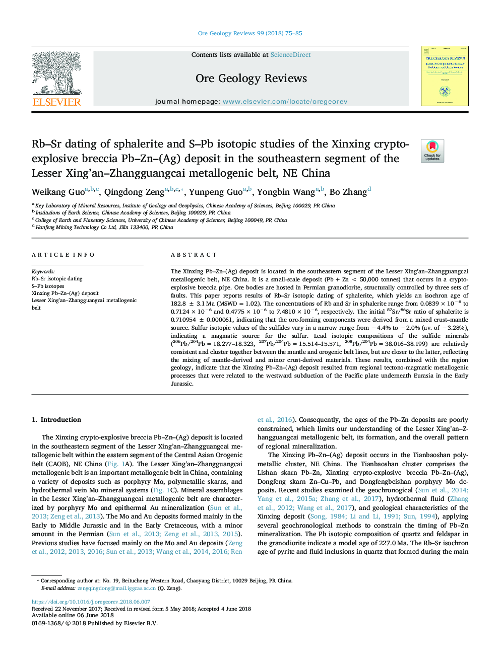 عکس صفحه اول مقاله: Rb-Sr dating of sphalerite and S-Pb isotopic studies of the Xinxing crypto-explosive breccia Pb-Zn-(Ag) deposit in the southeastern segment of the Lesser Xing'an-Zhangguangcai metallogenic belt, NE China Rb-Sr dating of sphalerite and S-Pb isotopic studies of the Xinxing crypto-explosive breccia Pb-Zn-(Ag) deposit in the southeastern segment of the Lesser Xing'an-Zhangguangcai metallogenic belt, NE China