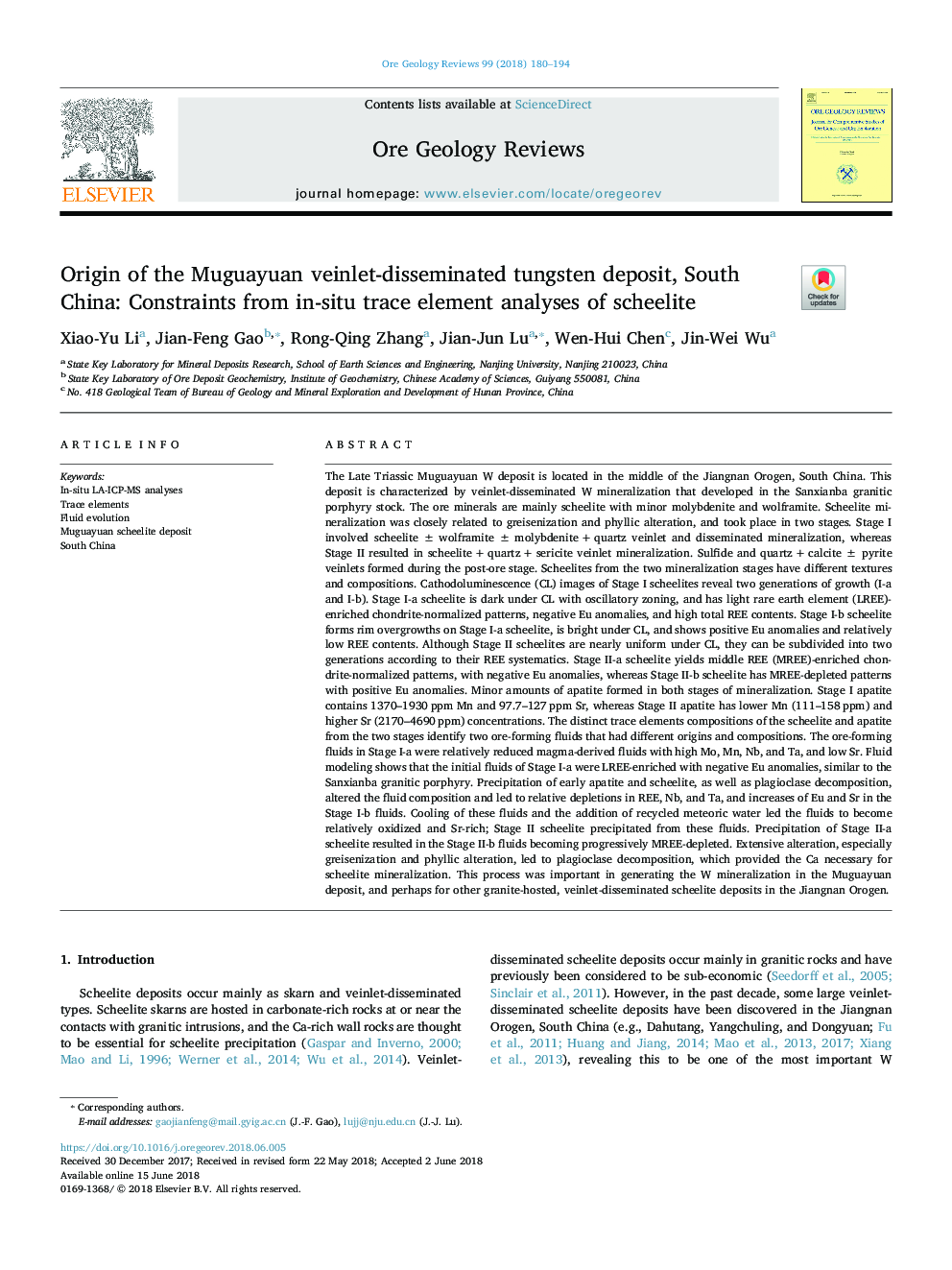 Origin of the Muguayuan veinlet-disseminated tungsten deposit, South China: Constraints from in-situ trace element analyses of scheelite