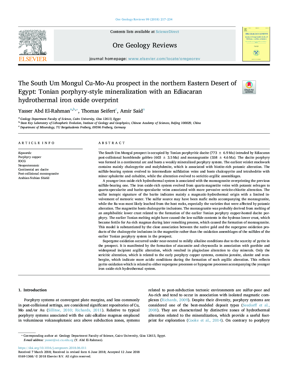 The South Um Mongul Cu-Mo-Au prospect in the northern Eastern Desert of Egypt: Tonian porphyry-style mineralization with an Ediacaran hydrothermal iron oxide overprint