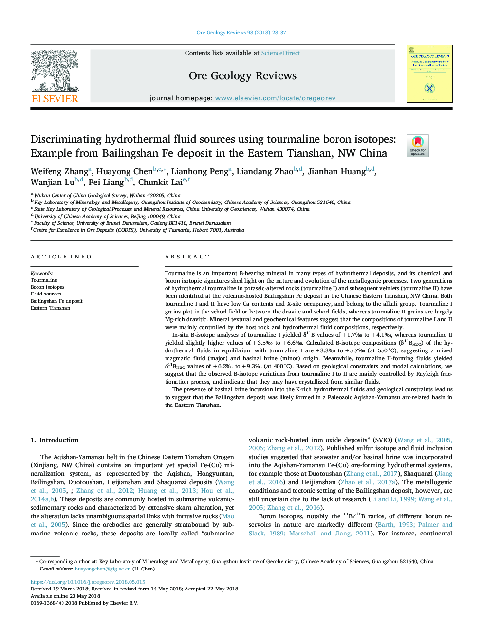 Discriminating hydrothermal fluid sources using tourmaline boron isotopes: Example from Bailingshan Fe deposit in the Eastern Tianshan, NW China