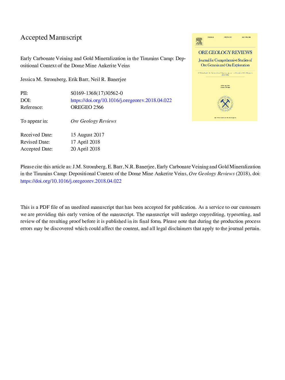 عکس صفحه اول مقاله: Early carbonate veining and gold mineralization in the Timmins camp: Depositional context of the Dome mine ankerite veins Early carbonate veining and gold mineralization in the Timmins camp: Depositional context of the Dome mine ankerite veins