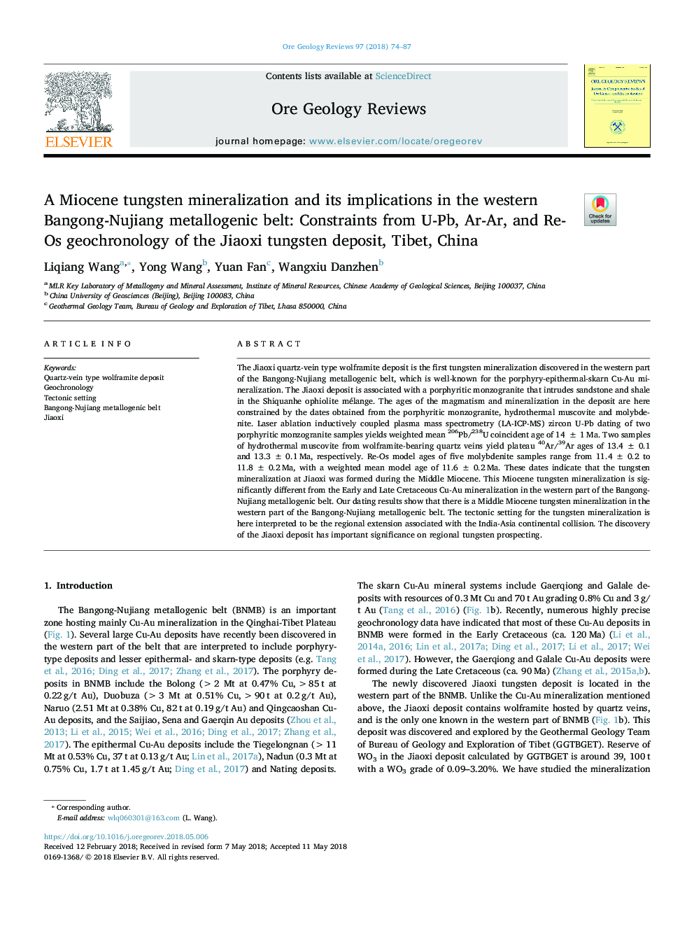 A Miocene tungsten mineralization and its implications in the western Bangong-Nujiang metallogenic belt: Constraints from U-Pb, Ar-Ar, and Re-Os geochronology of the Jiaoxi tungsten deposit, Tibet, China