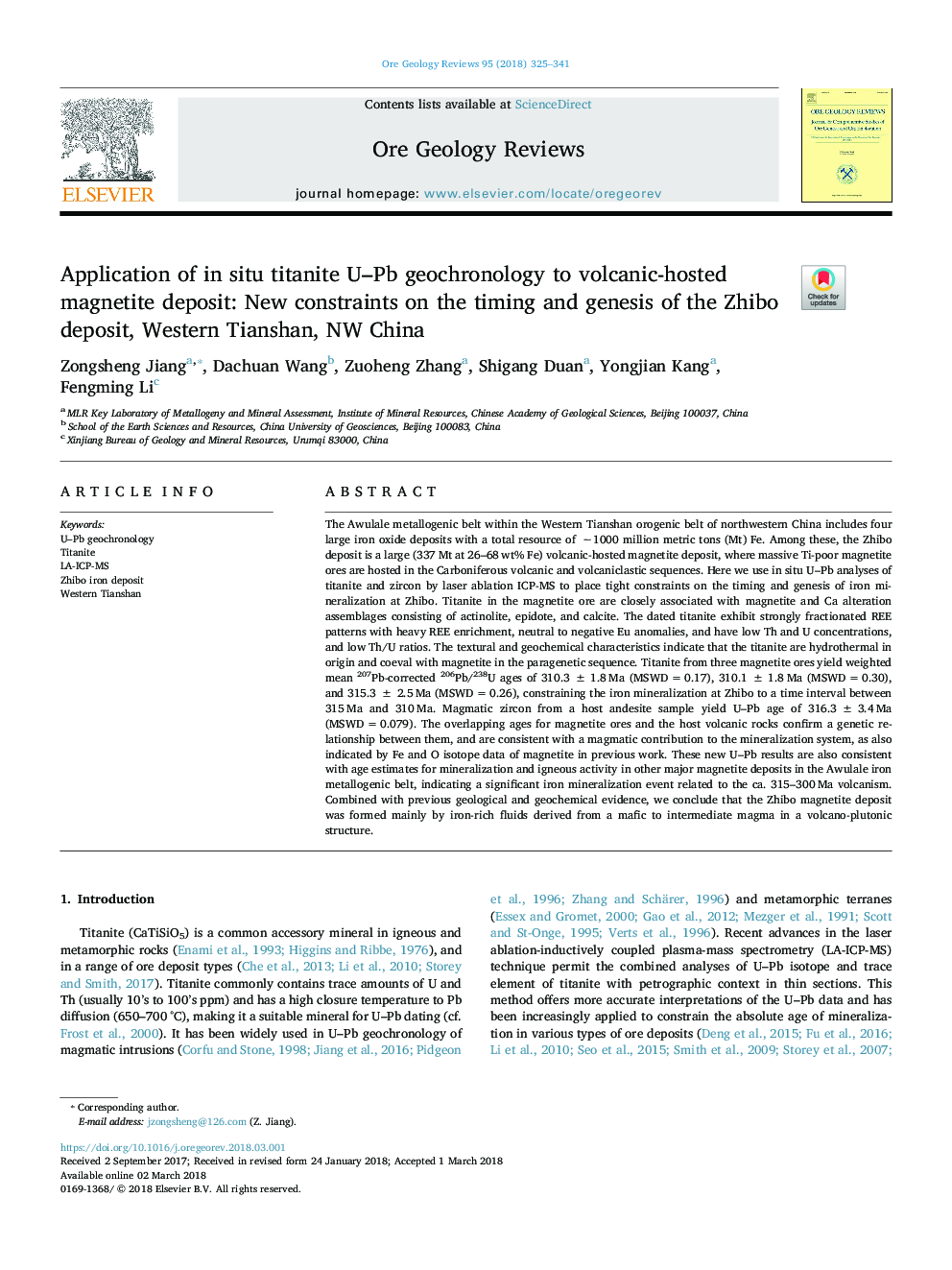 Application of in situ titanite U-Pb geochronology to volcanic-hosted magnetite deposit: New constraints on the timing and genesis of the Zhibo deposit, Western Tianshan, NW China