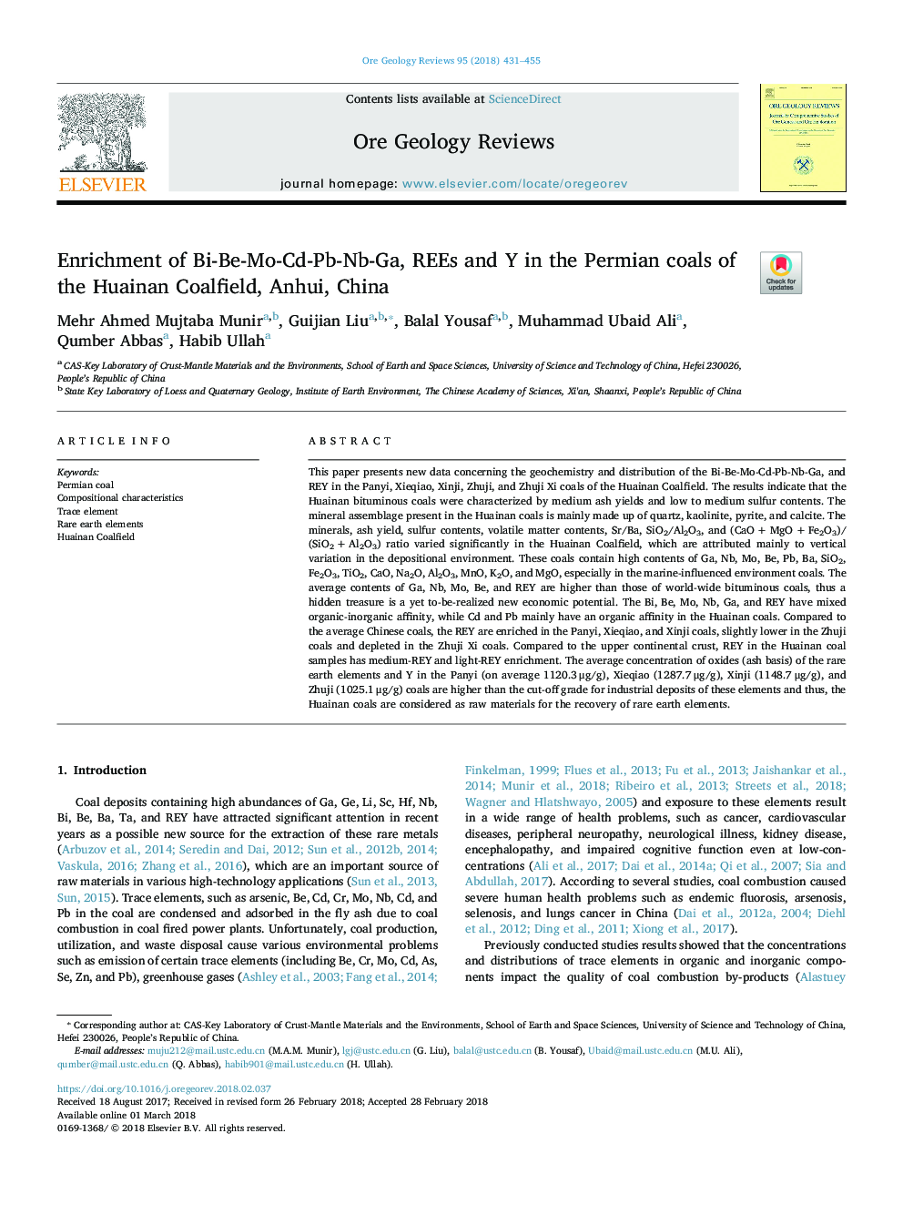 Enrichment of Bi-Be-Mo-Cd-Pb-Nb-Ga, REEs and Y in the Permian coals of the Huainan Coalfield, Anhui, China