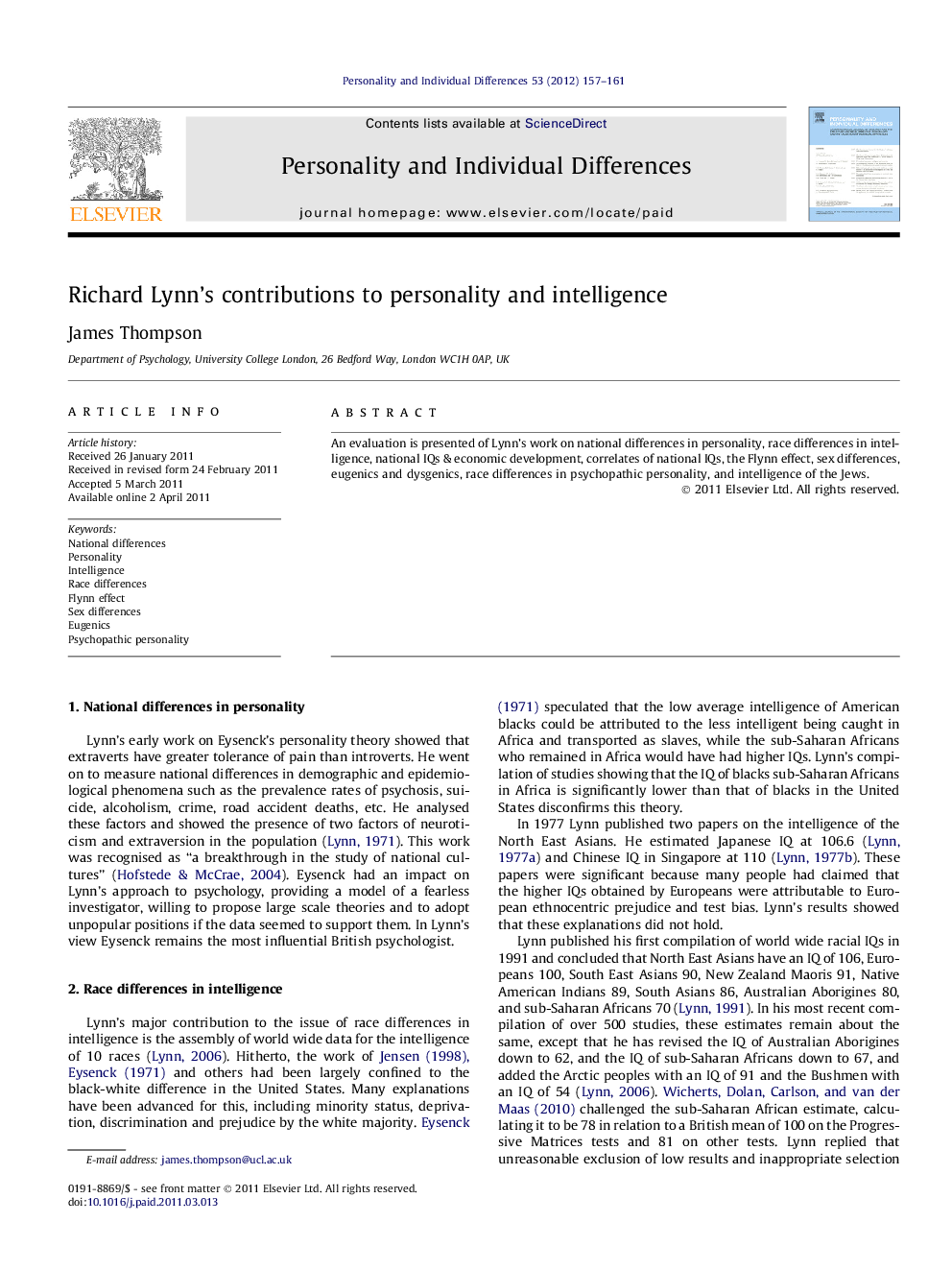 Richard Lynn’s contributions to personality and intelligence