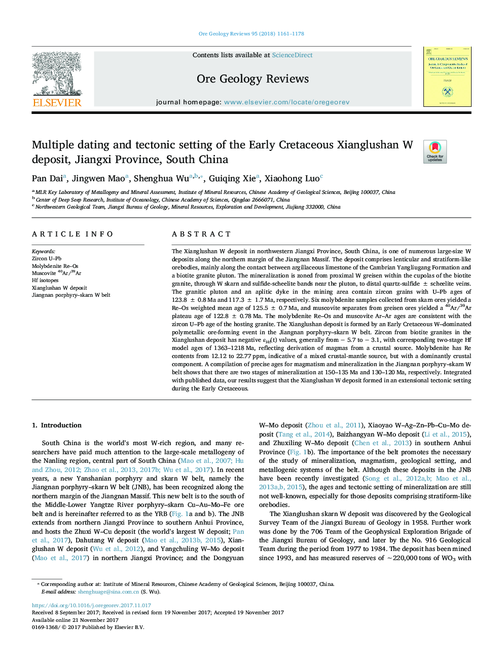 Multiple dating and tectonic setting of the Early Cretaceous Xianglushan W deposit, Jiangxi Province, South China