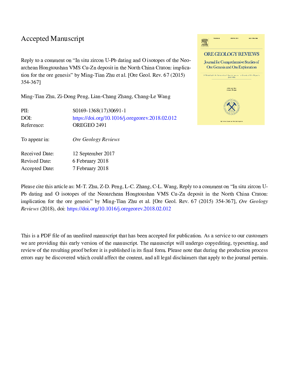 Reply to a comment on “In situ zircon U-Pb dating and O isotopes of the Neoarchean Hongtoushan VMS Cu-Zn deposit in the North China Craton: Implication for the ore genesis” by Ming-Tian Zhu et al. [Ore Geol. Rev. 67 (2015) 354-367]