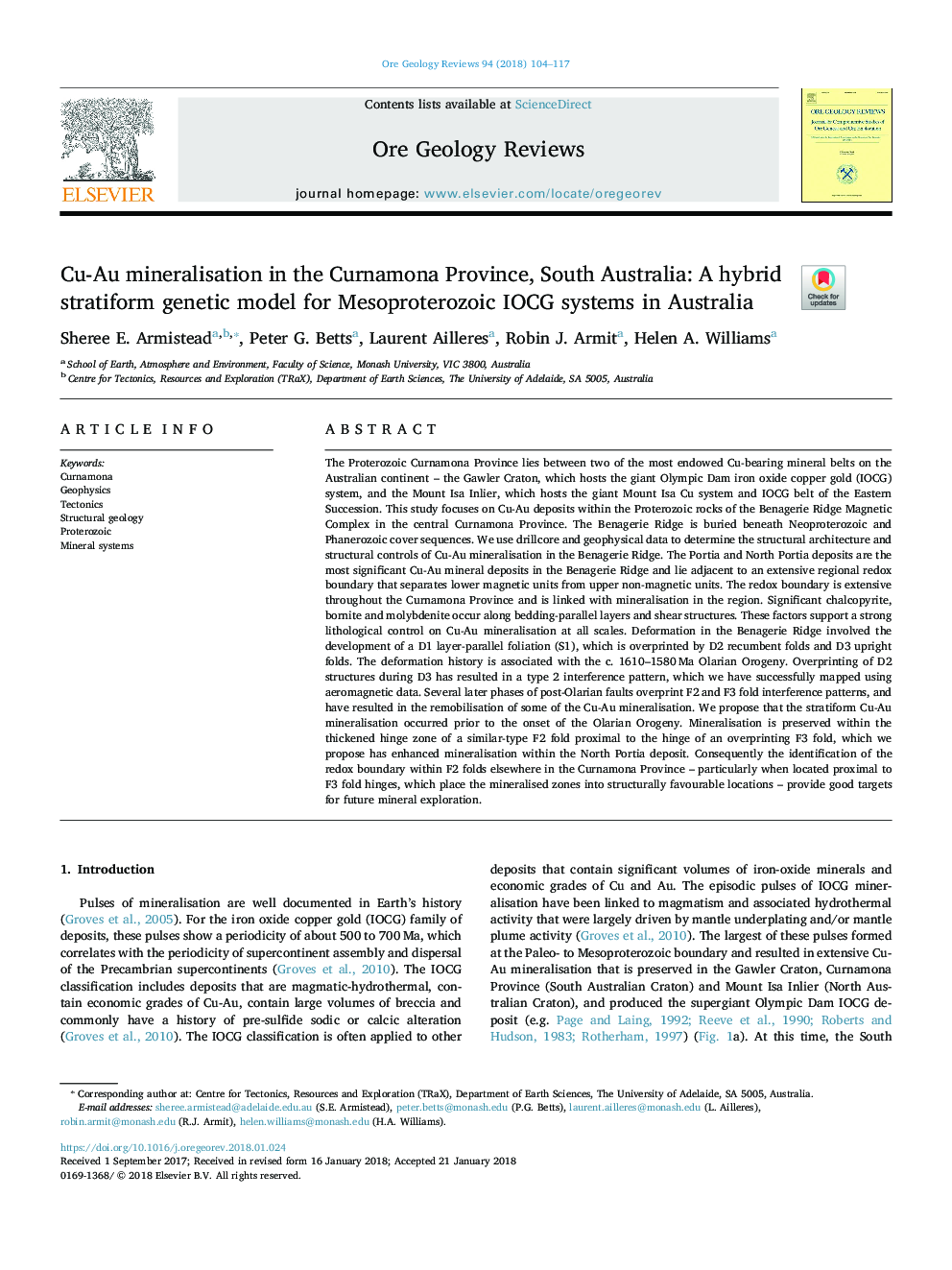 Cu-Au mineralisation in the Curnamona Province, South Australia: A hybrid stratiform genetic model for Mesoproterozoic IOCG systems in Australia