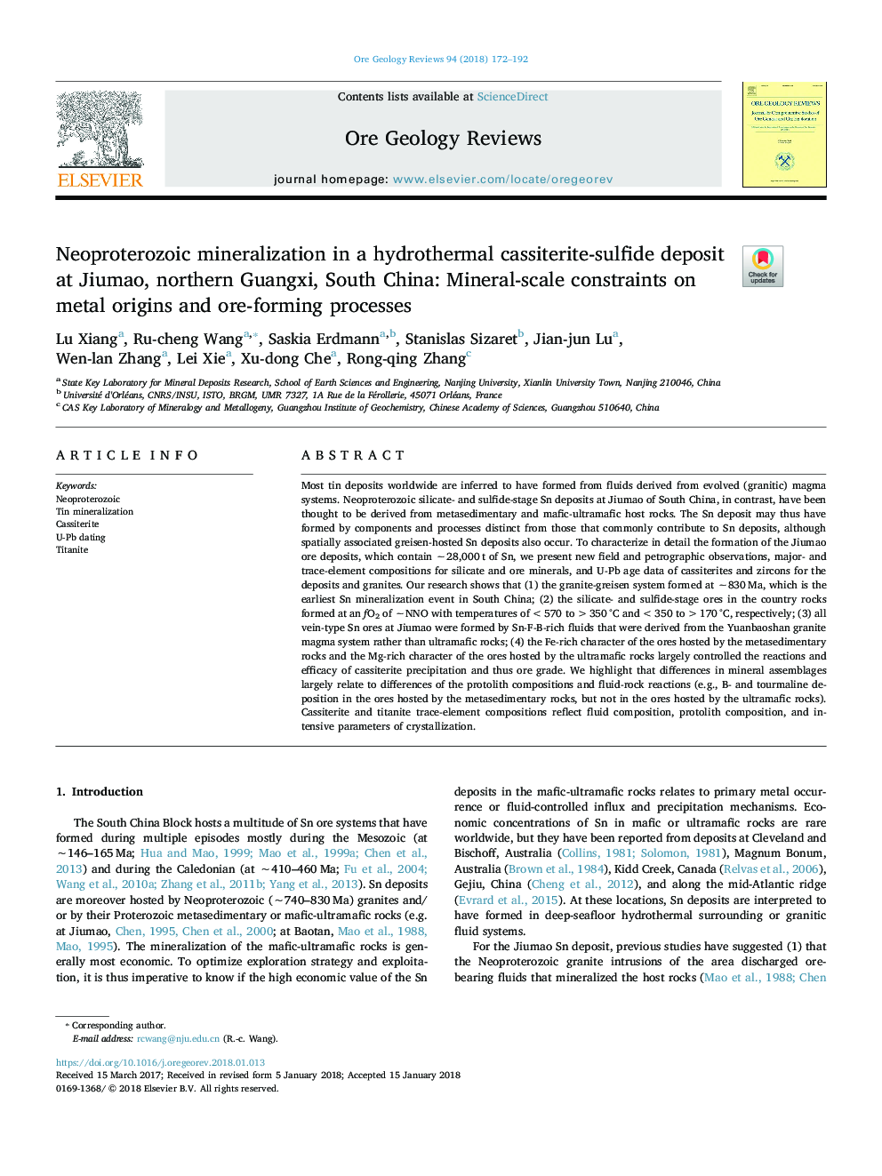 Neoproterozoic mineralization in a hydrothermal cassiterite-sulfide deposit at Jiumao, northern Guangxi, South China: Mineral-scale constraints on metal origins and ore-forming processes