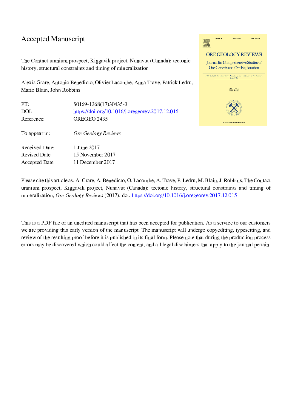 The Contact uranium prospect, Kiggavik project, Nunavut (Canada): Tectonic history, structural constraints and timing of mineralization