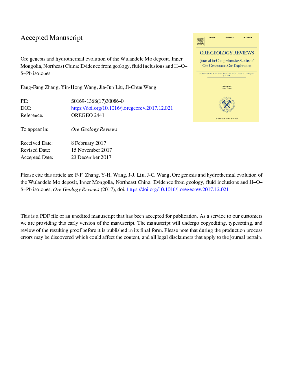 عکس صفحه اول مقاله: Ore genesis and hydrothermal evolution of the Wulandele Mo deposit, Inner Mongolia, Northeast China: Evidence from geology, fluid inclusions and H-O-S-Pb isotopes Ore genesis and hydrothermal evolution of the Wulandele Mo deposit, Inner Mongolia, Northeast China: Evidence from geology, fluid inclusions and H-O-S-Pb isotopes