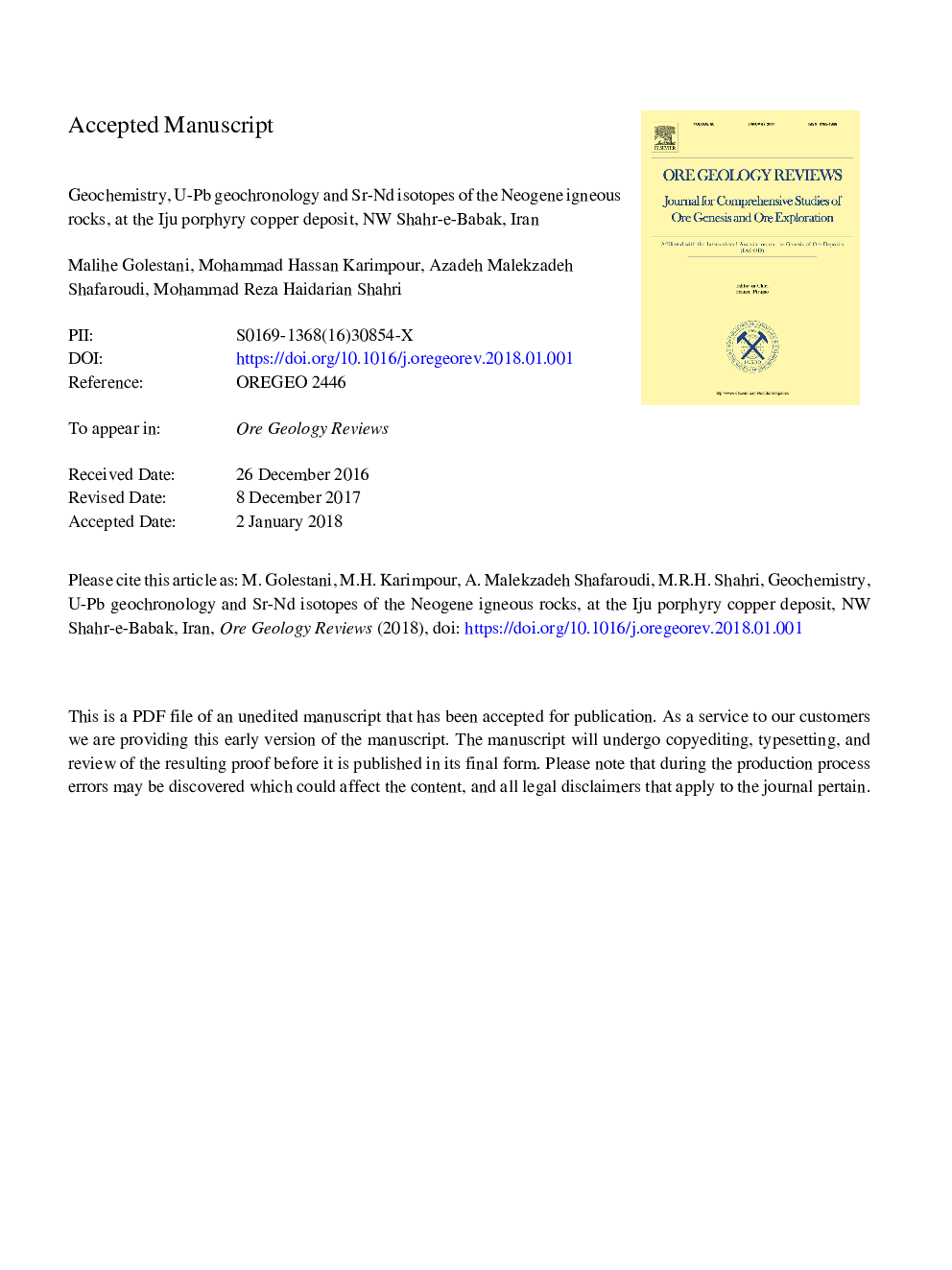 Geochemistry, U-Pb geochronology and Sr-Nd isotopes of the Neogene igneous rocks, at the Iju porphyry copper deposit, NW Shahr-e-Babak, Iran