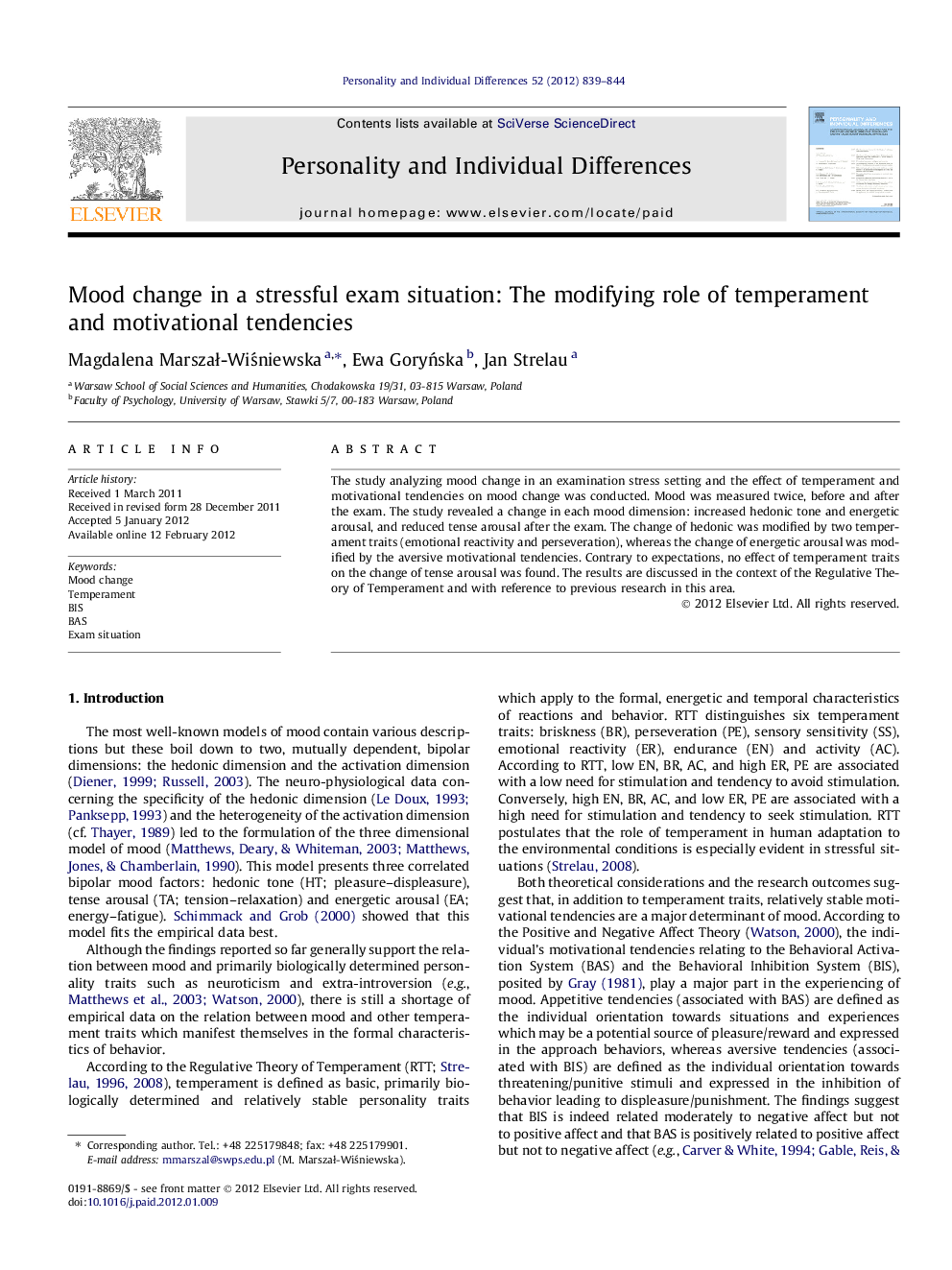 Mood change in a stressful exam situation: The modifying role of temperament and motivational tendencies