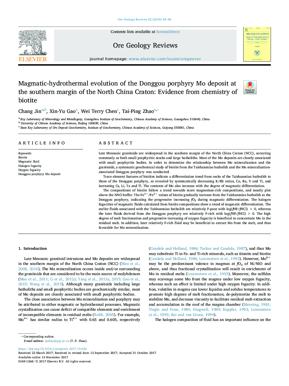 Magmatic-hydrothermal evolution of the Donggou porphyry Mo deposit at the southern margin of the North China Craton: Evidence from chemistry of biotite