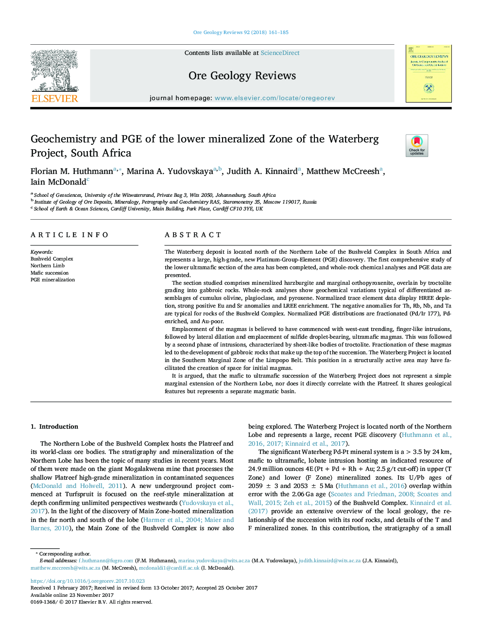 Geochemistry and PGE of the lower mineralized Zone of the Waterberg Project, South Africa