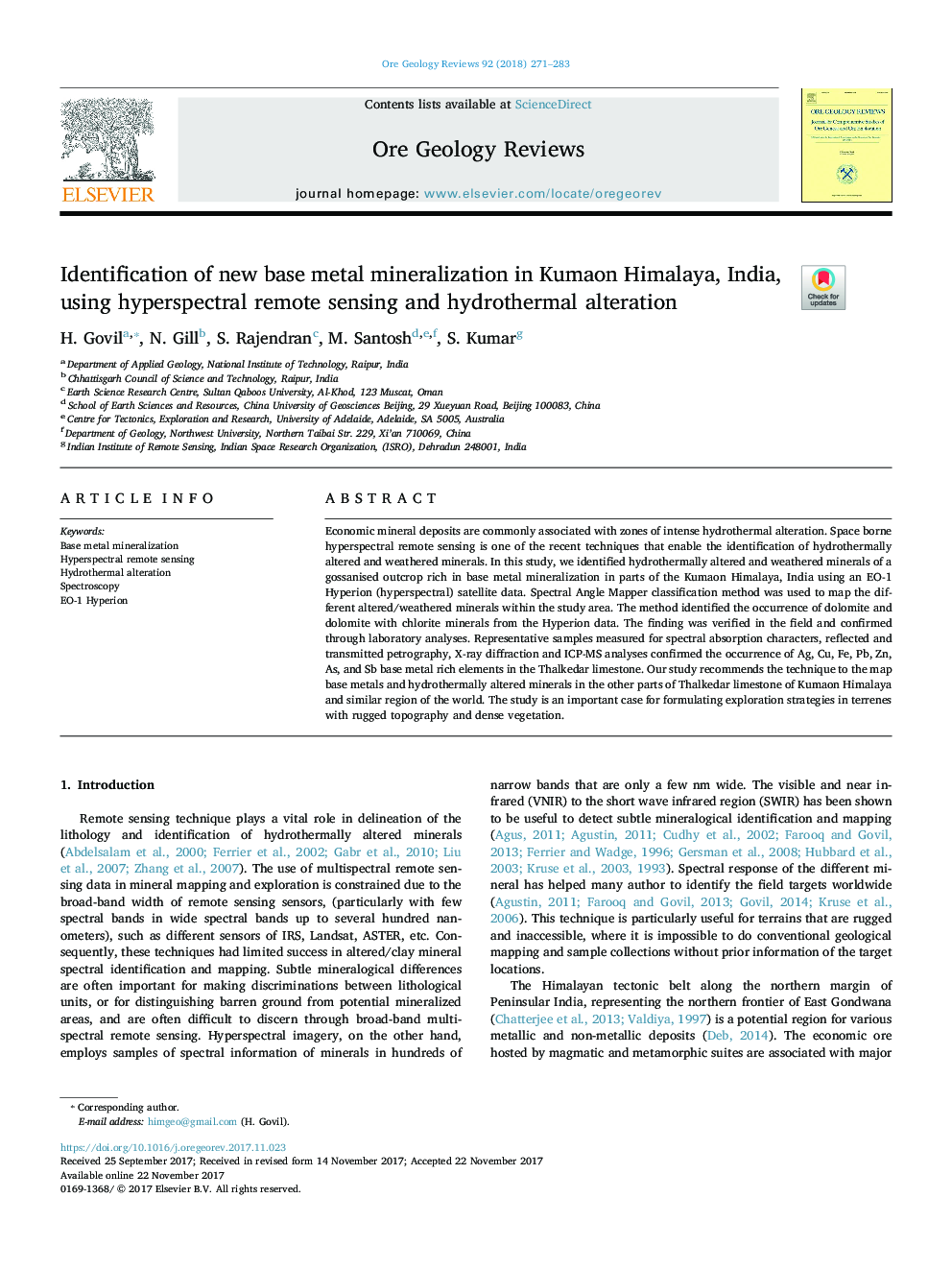 Identification of new base metal mineralization in Kumaon Himalaya, India, using hyperspectral remote sensing and hydrothermal alteration