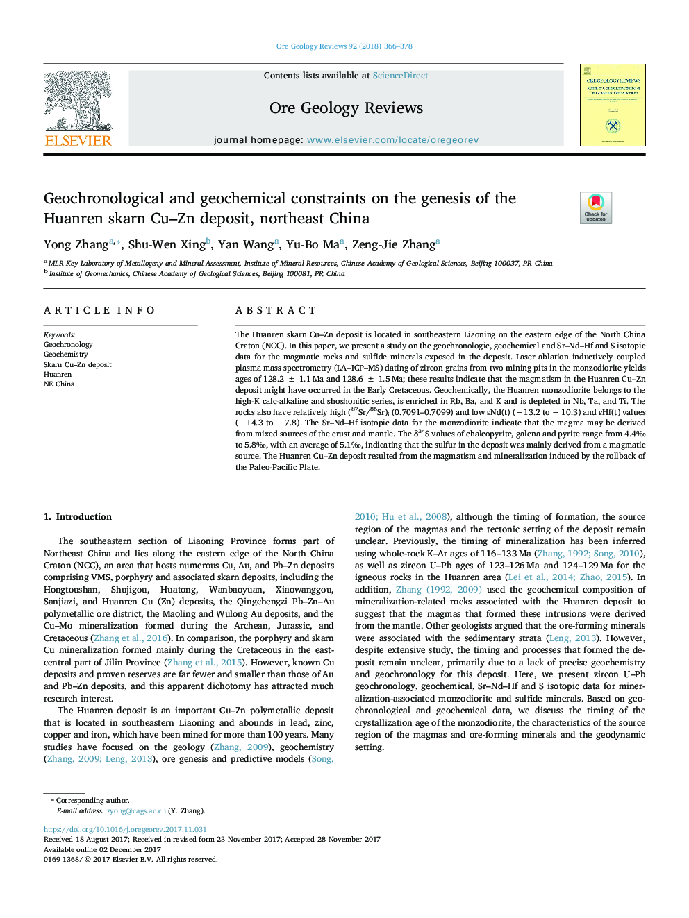 Geochronological and geochemical constraints on the genesis of the Huanren skarn Cu-Zn deposit, northeast China