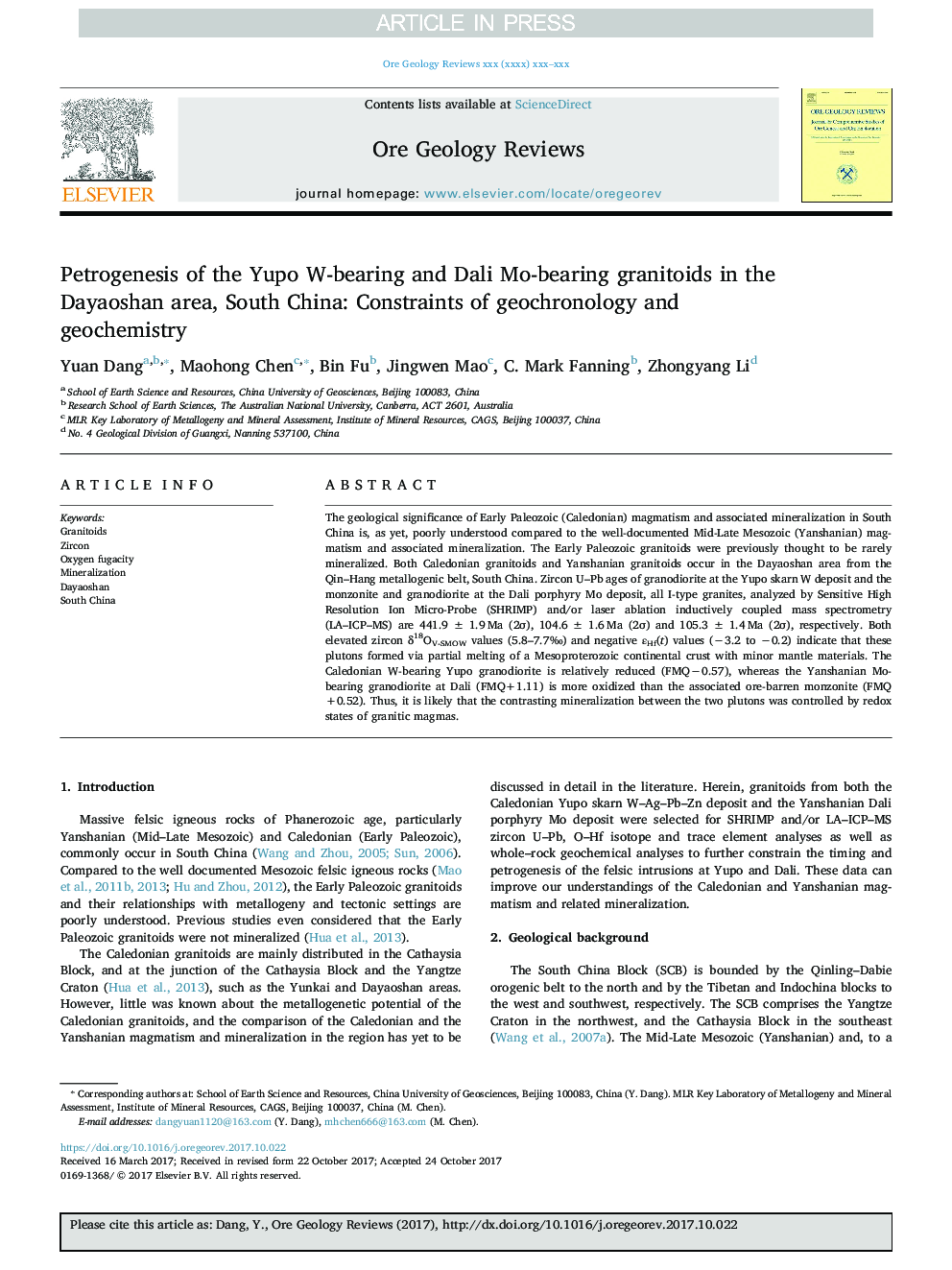 Petrogenesis of the Yupo W-bearing and Dali Mo-bearing granitoids in the Dayaoshan area, South China: Constraints of geochronology and geochemistry