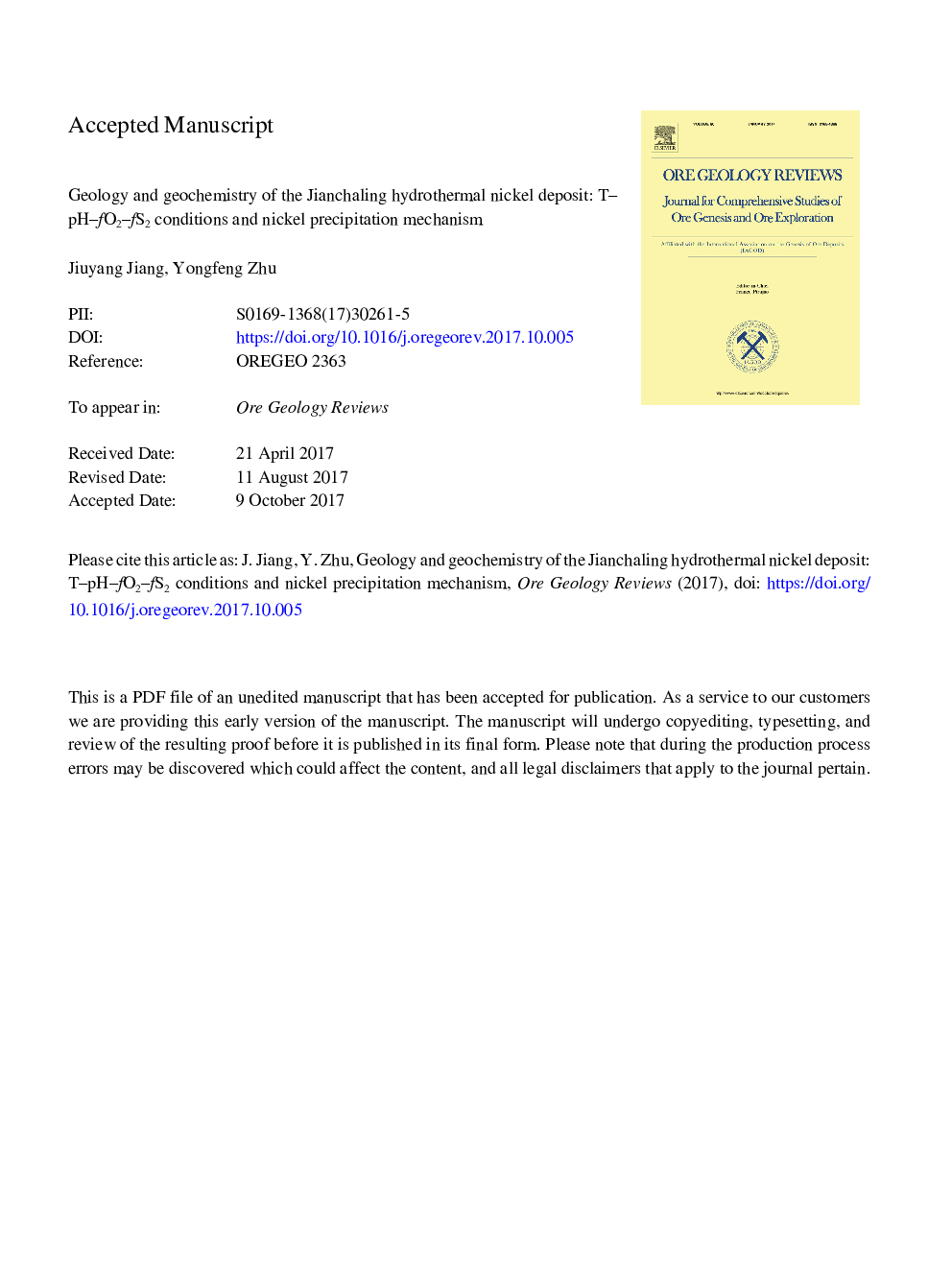 Geology and geochemistry of the Jianchaling hydrothermal nickel deposit: T-pH-fO2-fS2 conditions and nickel precipitation mechanism